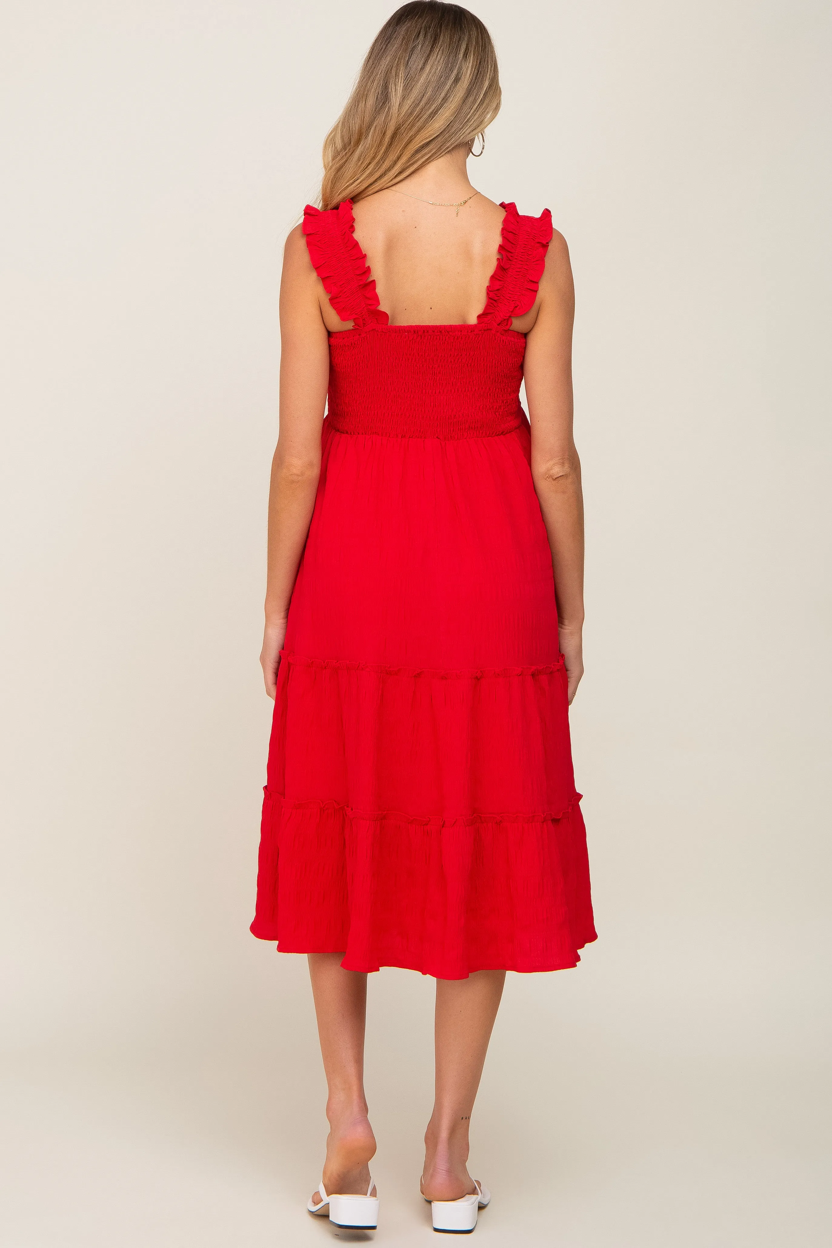 Red Smocked Square Neck Ruffle Strap Tiered Maternity Midi Dress sold by Pinkblush product image thumbnail 3