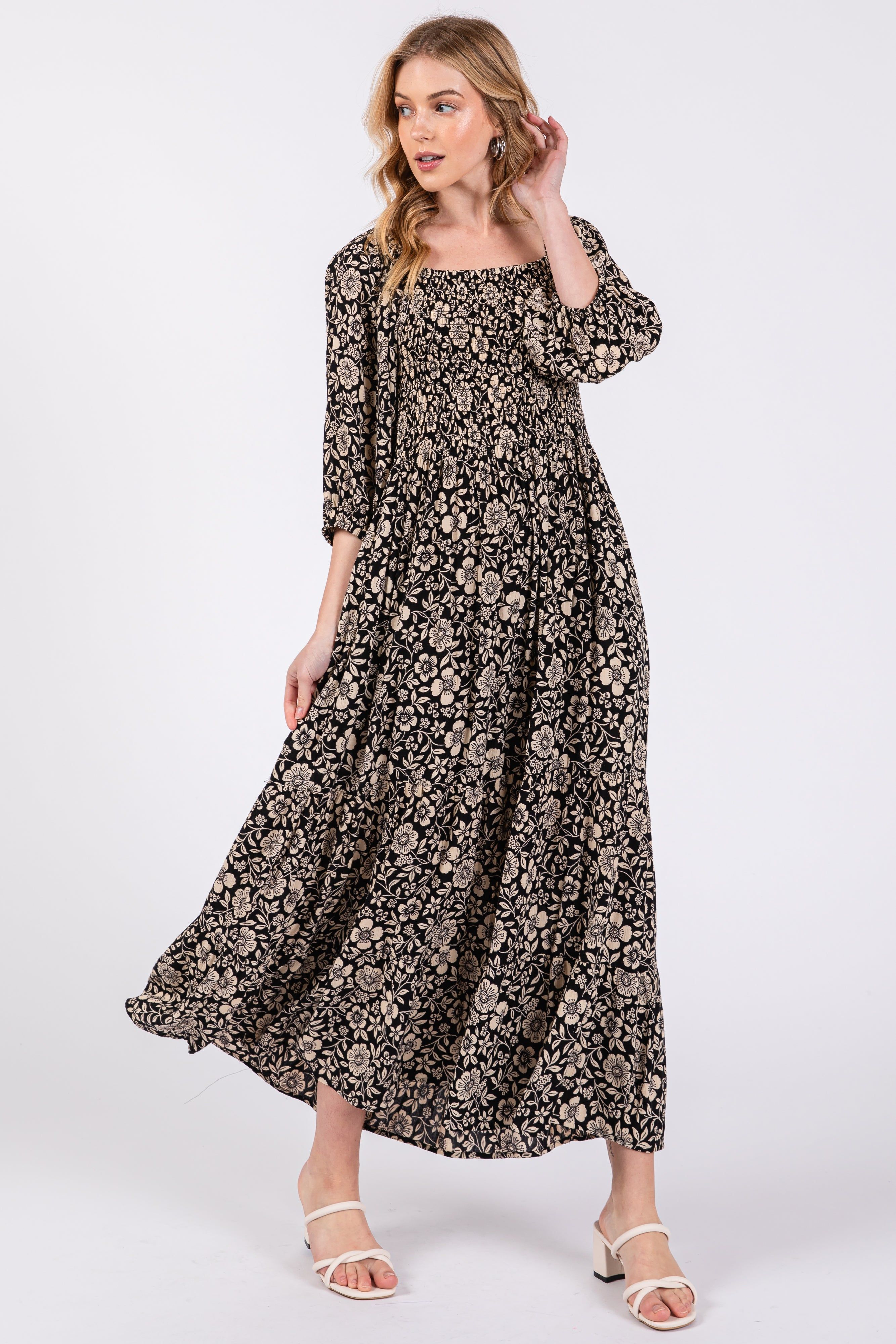 Black Floral Smocked Half Sleeve Midi Dress sold by Pinkblush product image thumbnail 2