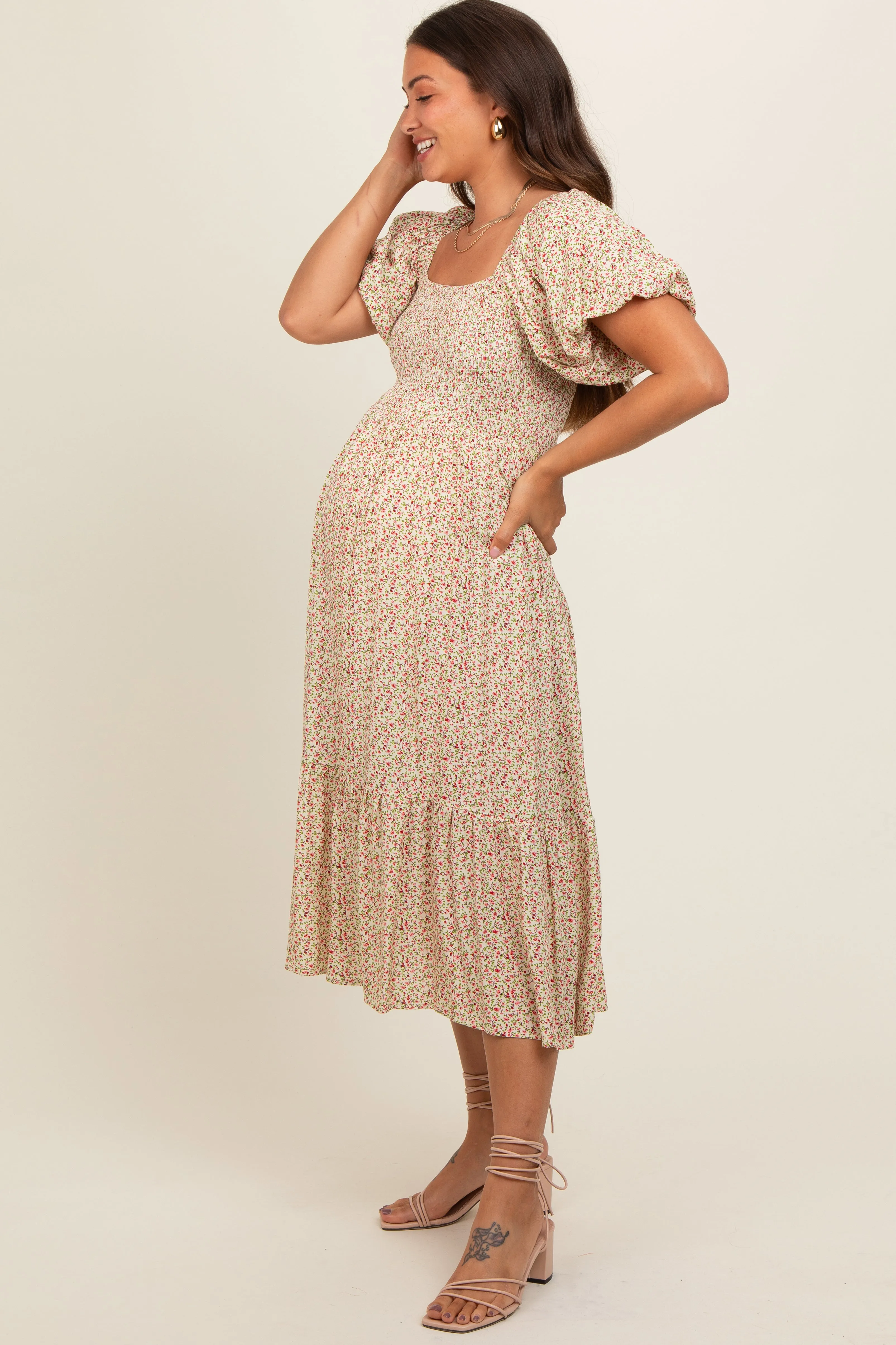 Cream Floral Smocked Maternity Midi Dress sold by Pinkblush product image thumbnail 3