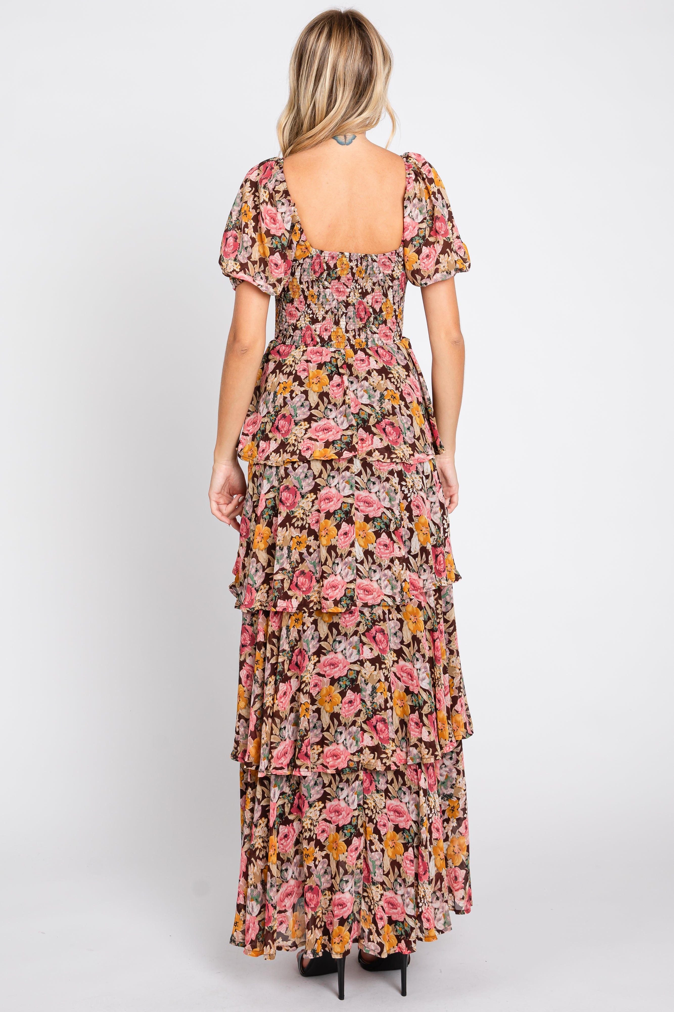 Brown Floral Smocked Square Neck Ruffle Layered Maxi Dress sold by Pinkblush product image thumbnail 3