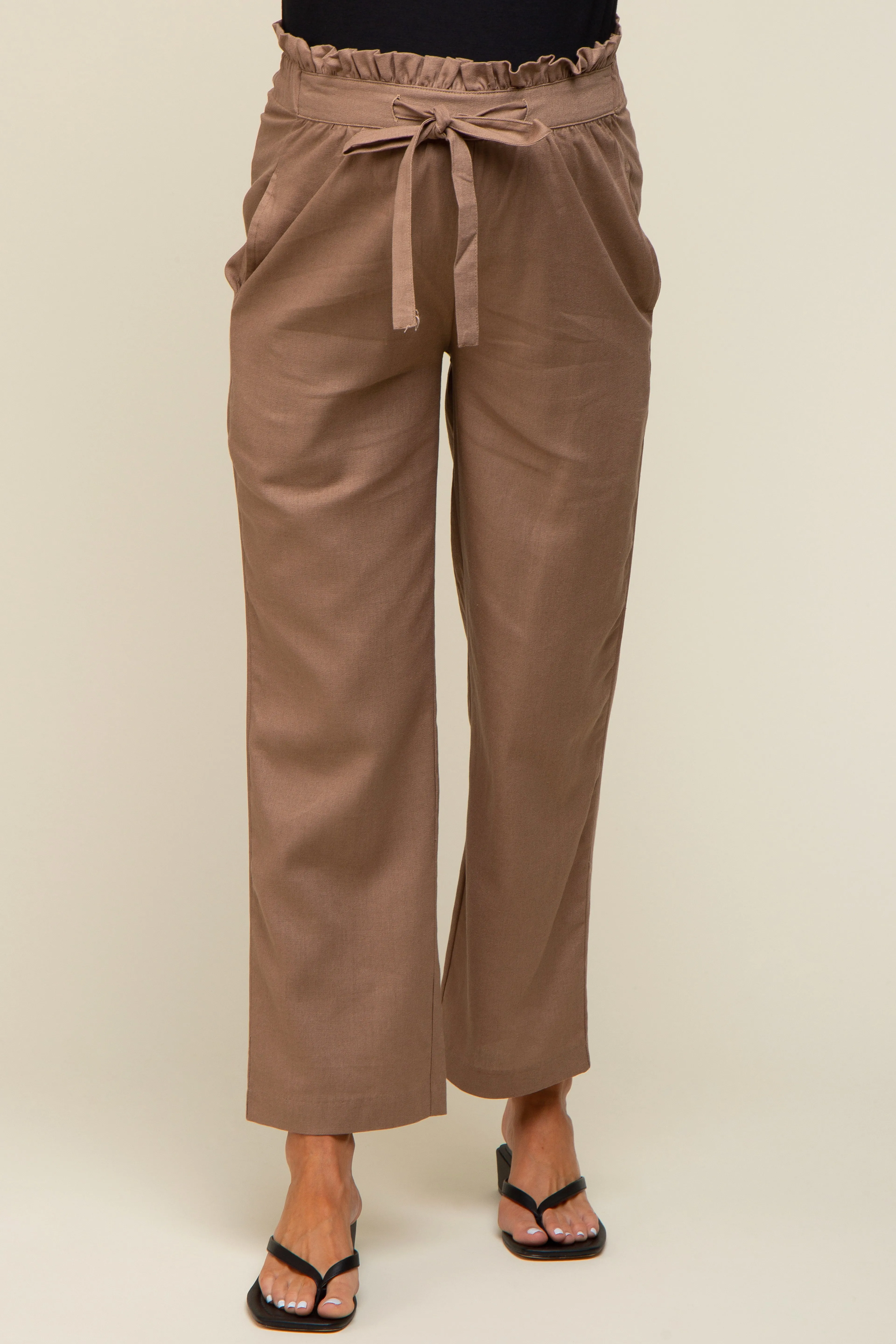 Mocha Ruffle Tie Waist Linen Maternity Pants sold by Pinkblush product image thumbnail 2