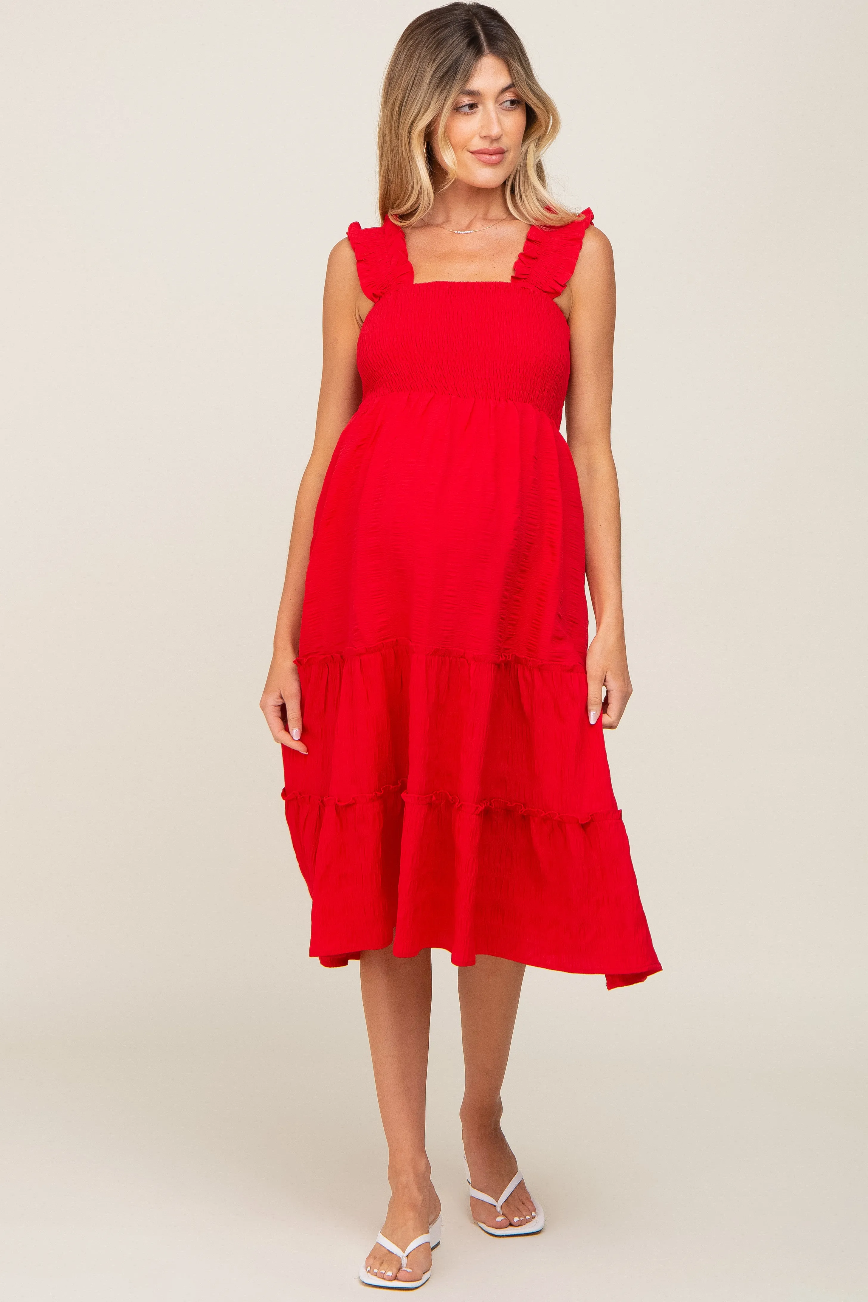 Red Smocked Square Neck Ruffle Strap Tiered Maternity Midi Dress sold by Pinkblush product image thumbnail 4