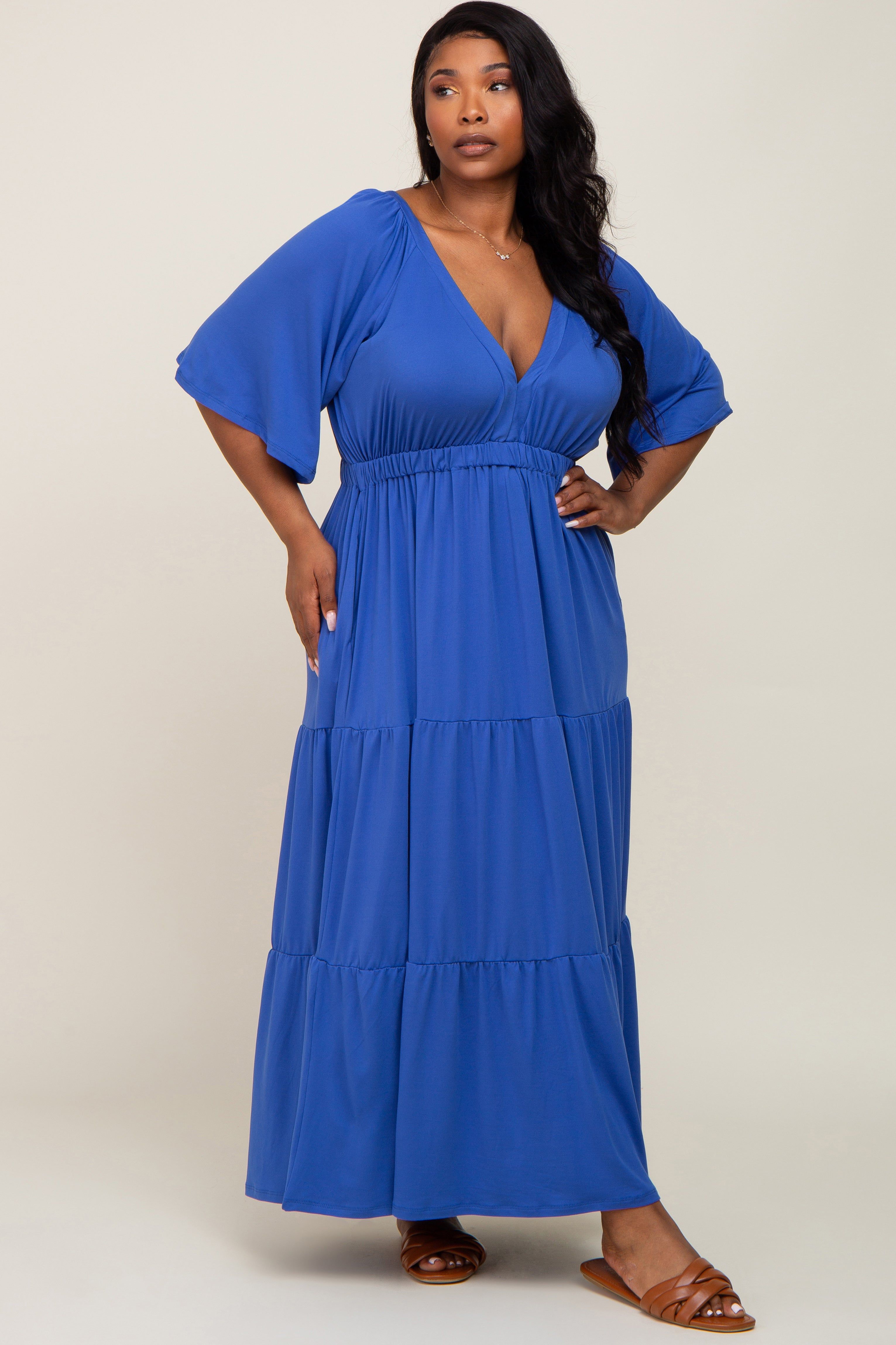 Royal Blue Deep V-Neck Tiered Plus Maxi Dress sold by Pinkblush