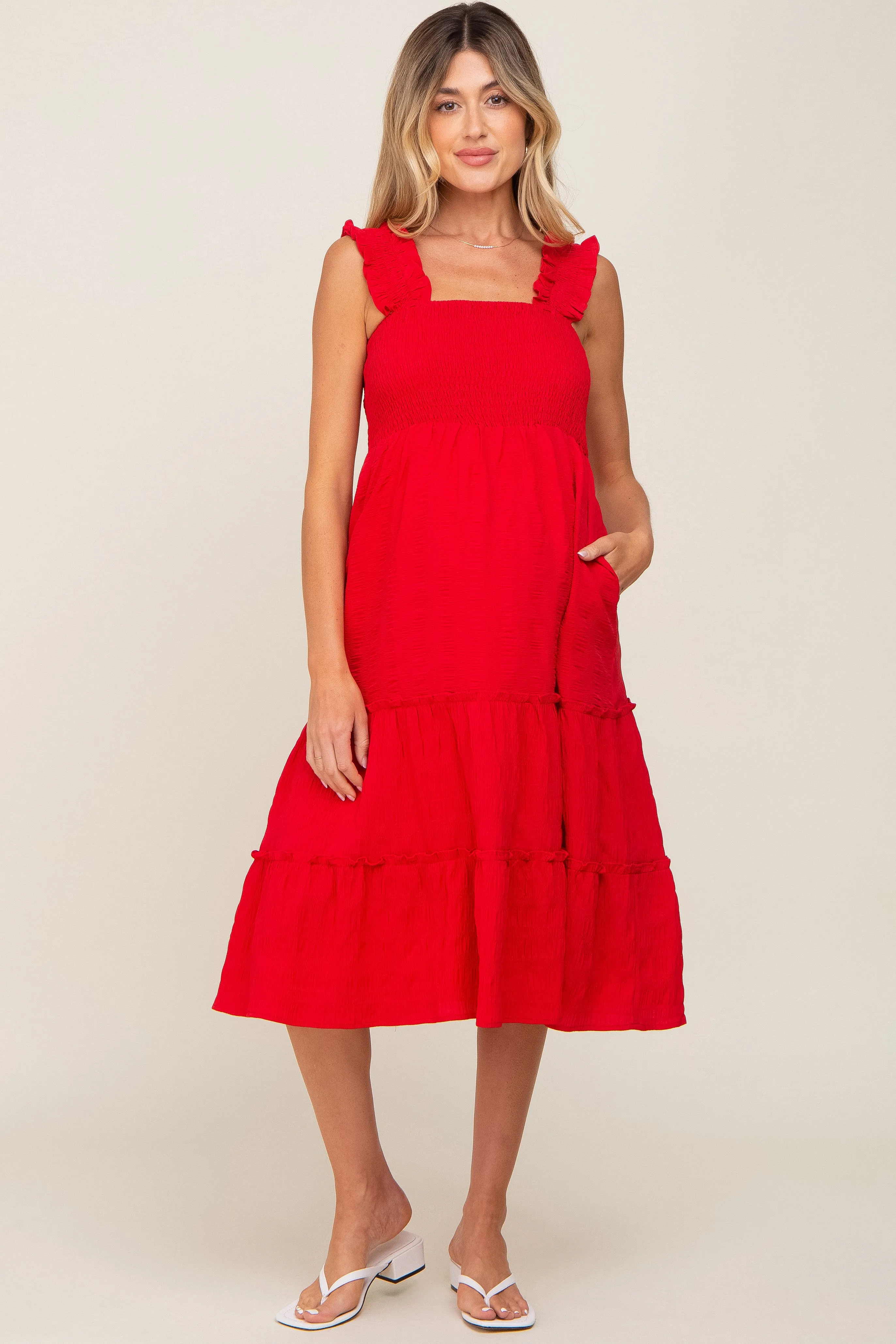 Red Smocked Square Neck Ruffle Strap Tiered Maternity Midi Dress sold by Pinkblush