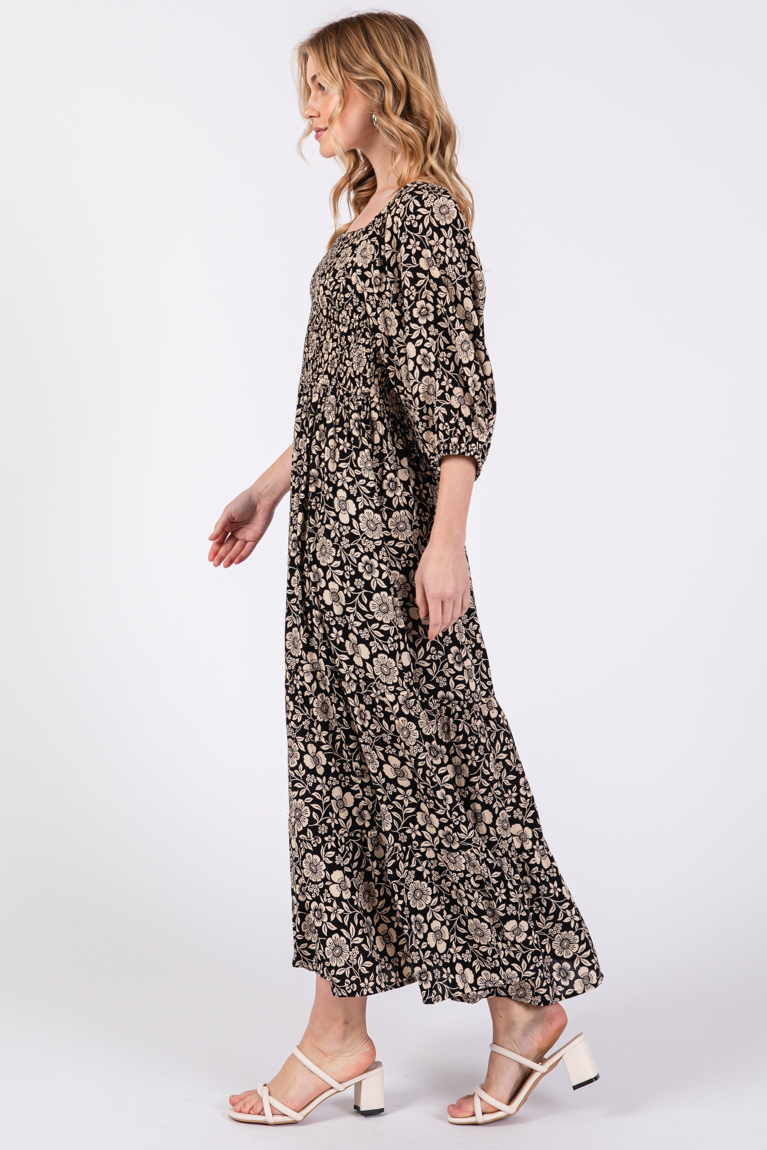 Black Floral Smocked Half Sleeve Midi Dress sold by Pinkblush product image thumbnail 3