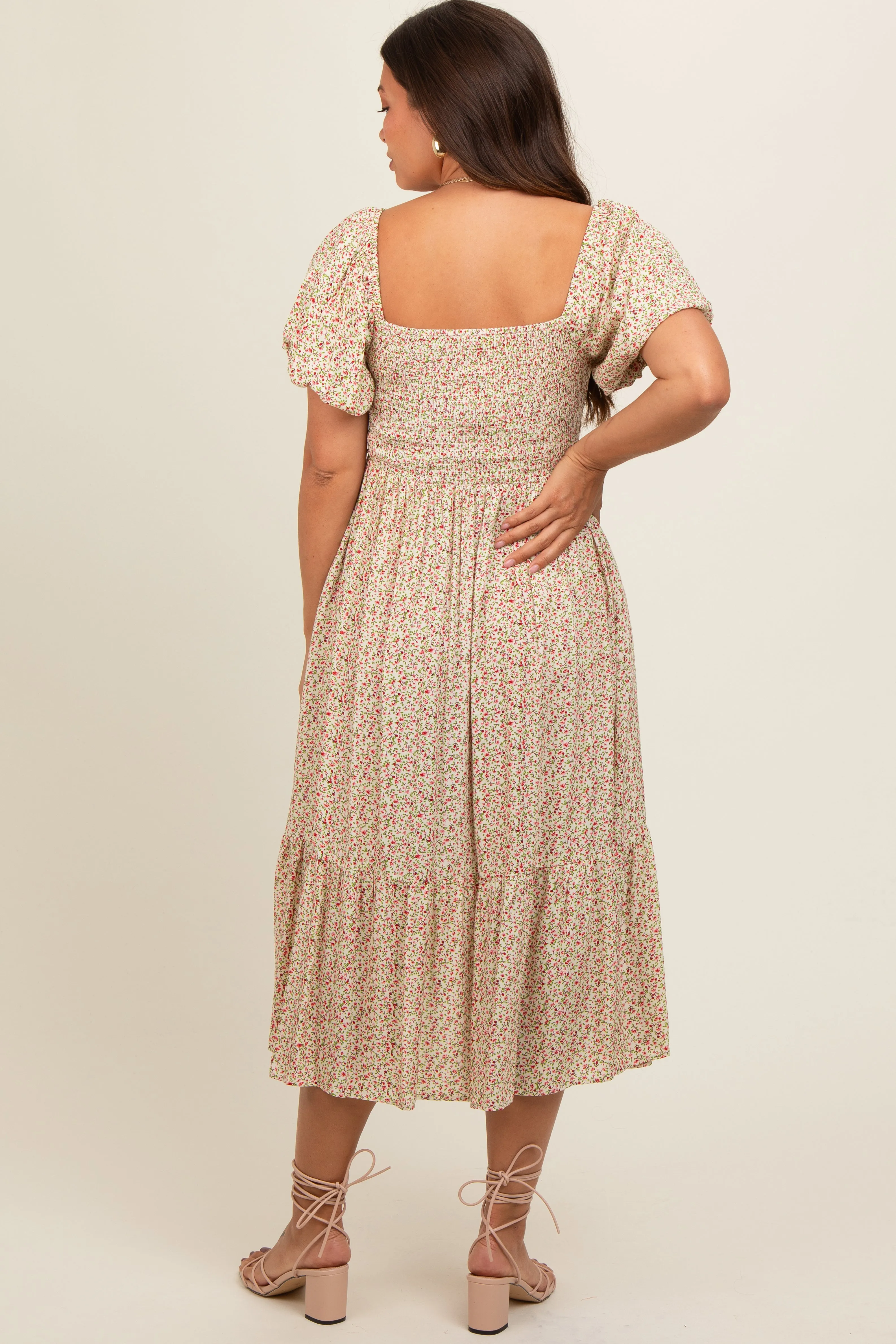 Cream Floral Smocked Maternity Midi Dress sold by Pinkblush product image thumbnail 4