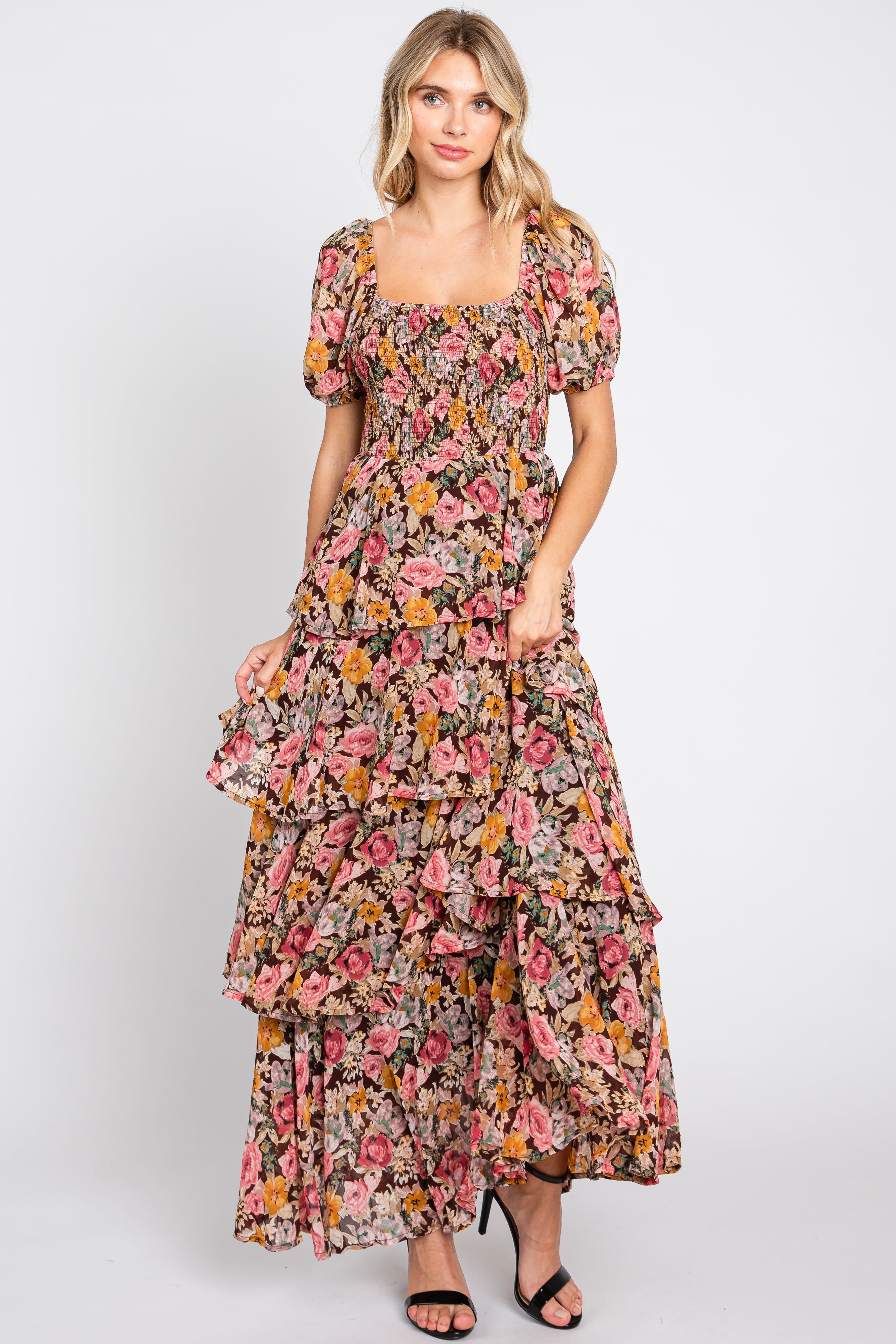 Brown Floral Smocked Square Neck Ruffle Layered Maxi Dress sold by Pinkblush product image thumbnail 4
