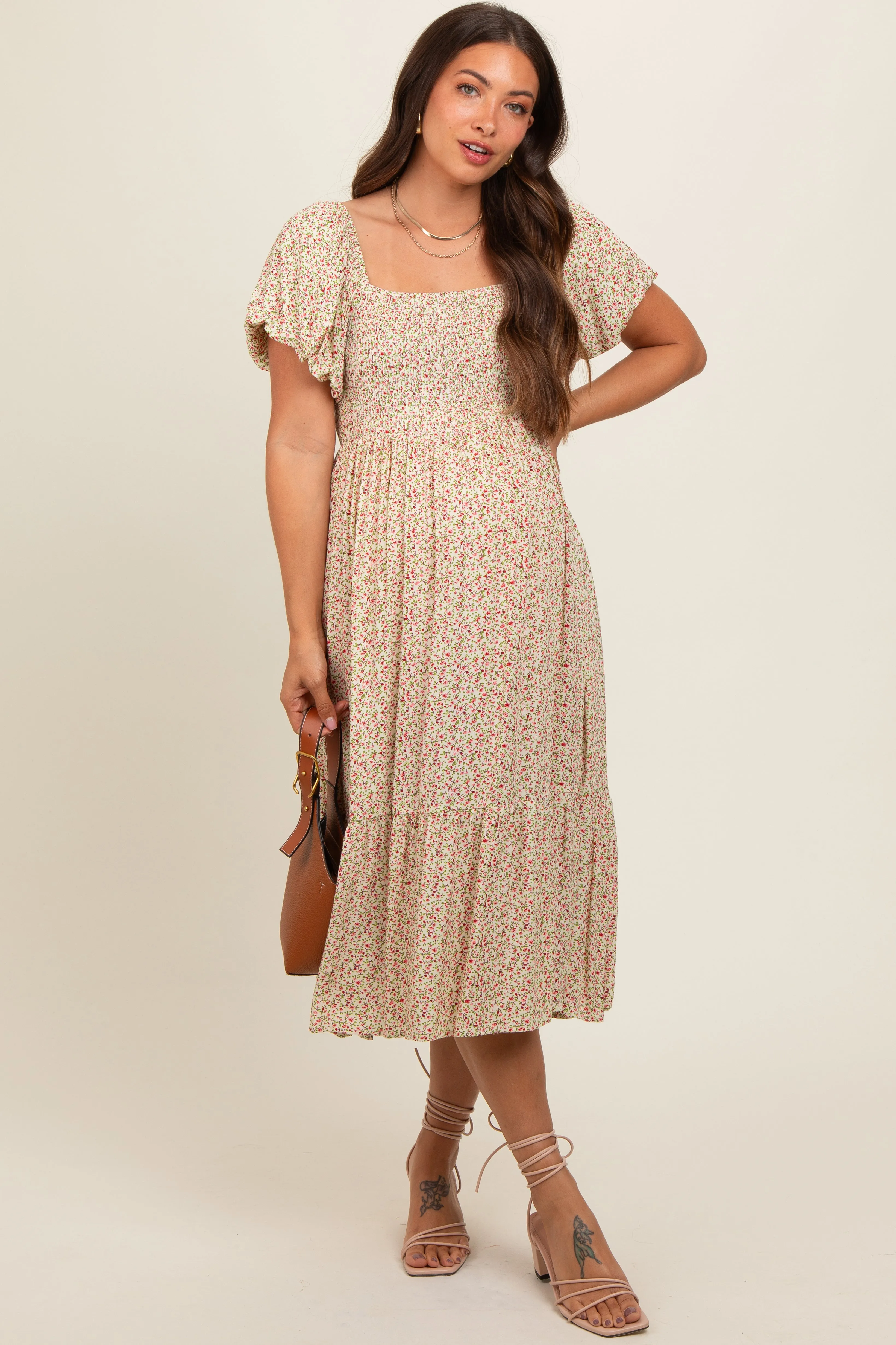 Cream Floral Smocked Maternity Midi Dress sold by Pinkblush
