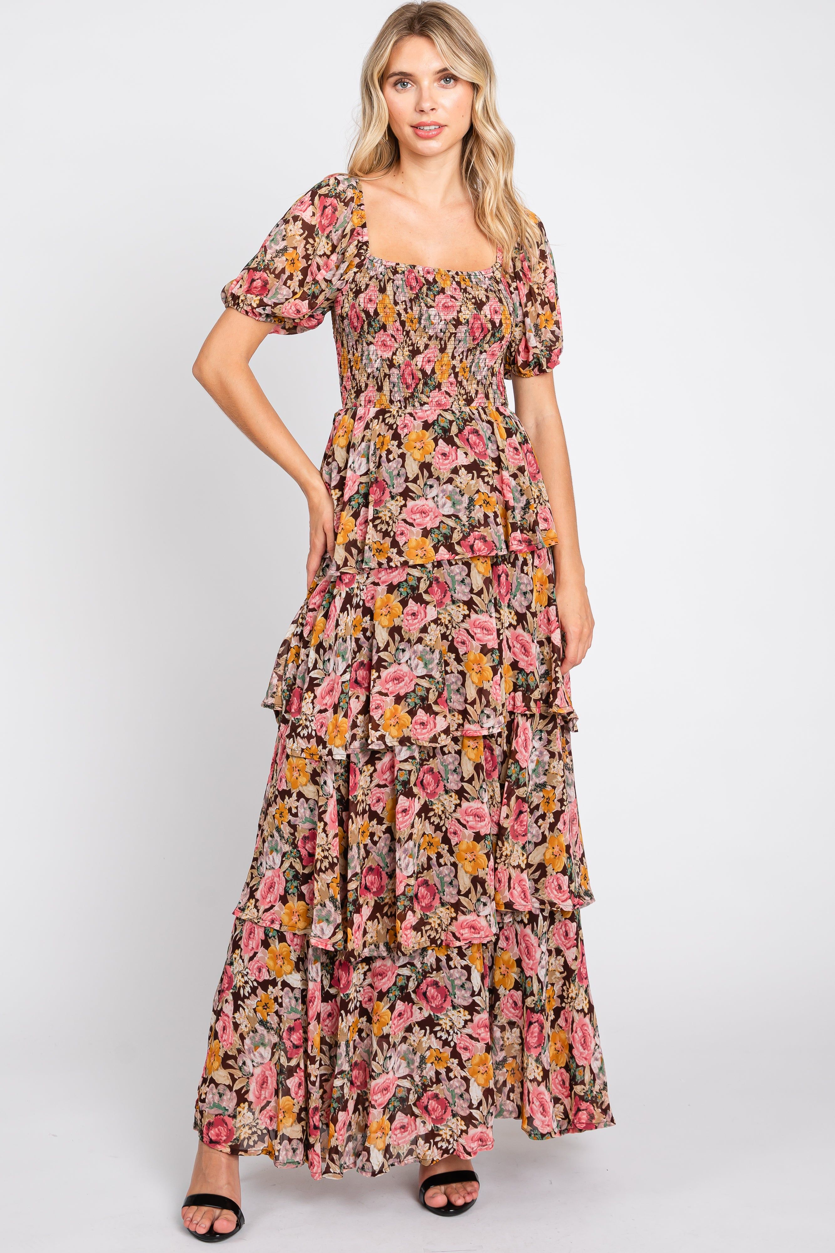 Brown Floral Smocked Square Neck Ruffle Layered Maxi Dress sold by Pinkblush
