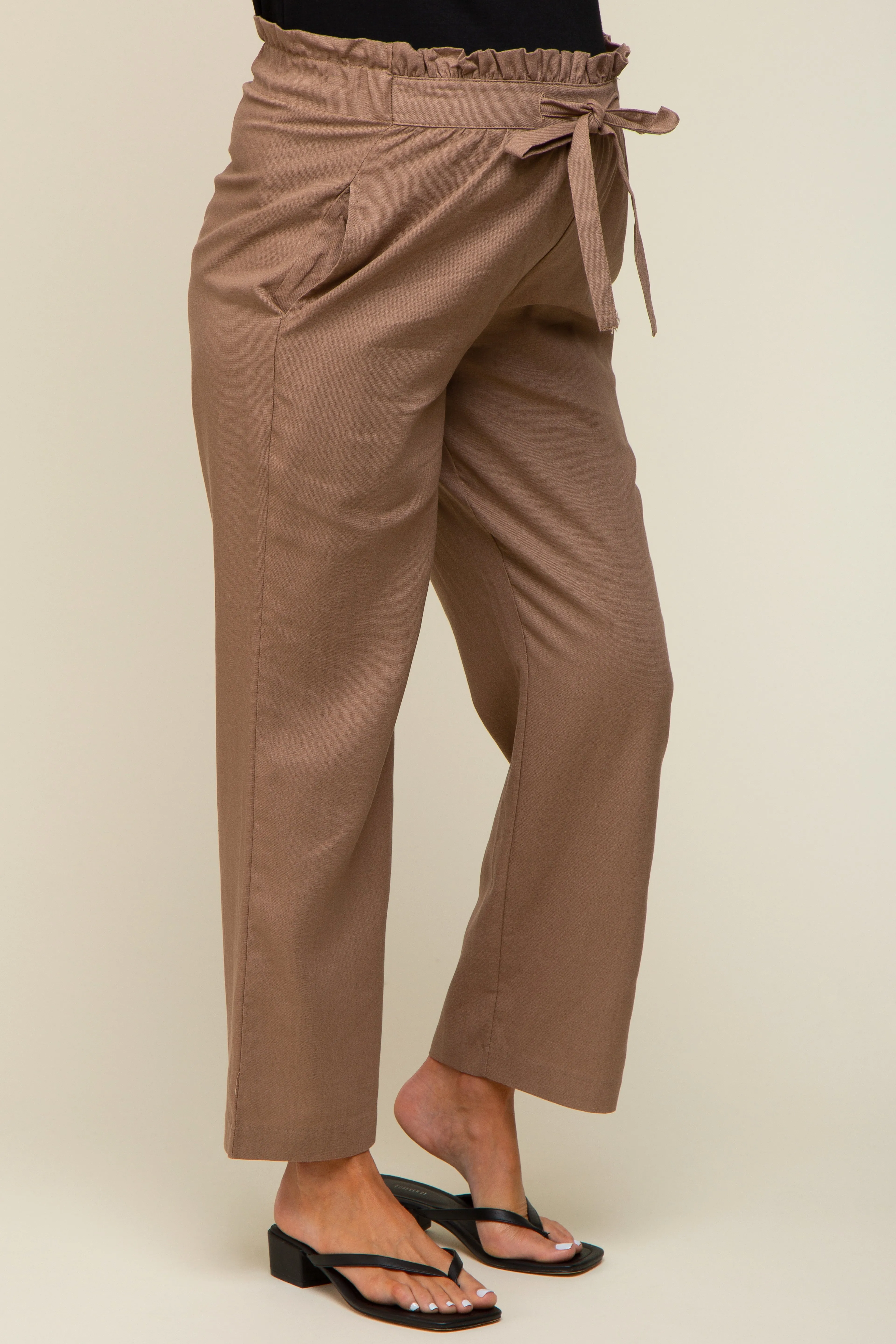 Mocha Ruffle Tie Waist Linen Maternity Pants sold by Pinkblush product image thumbnail 3