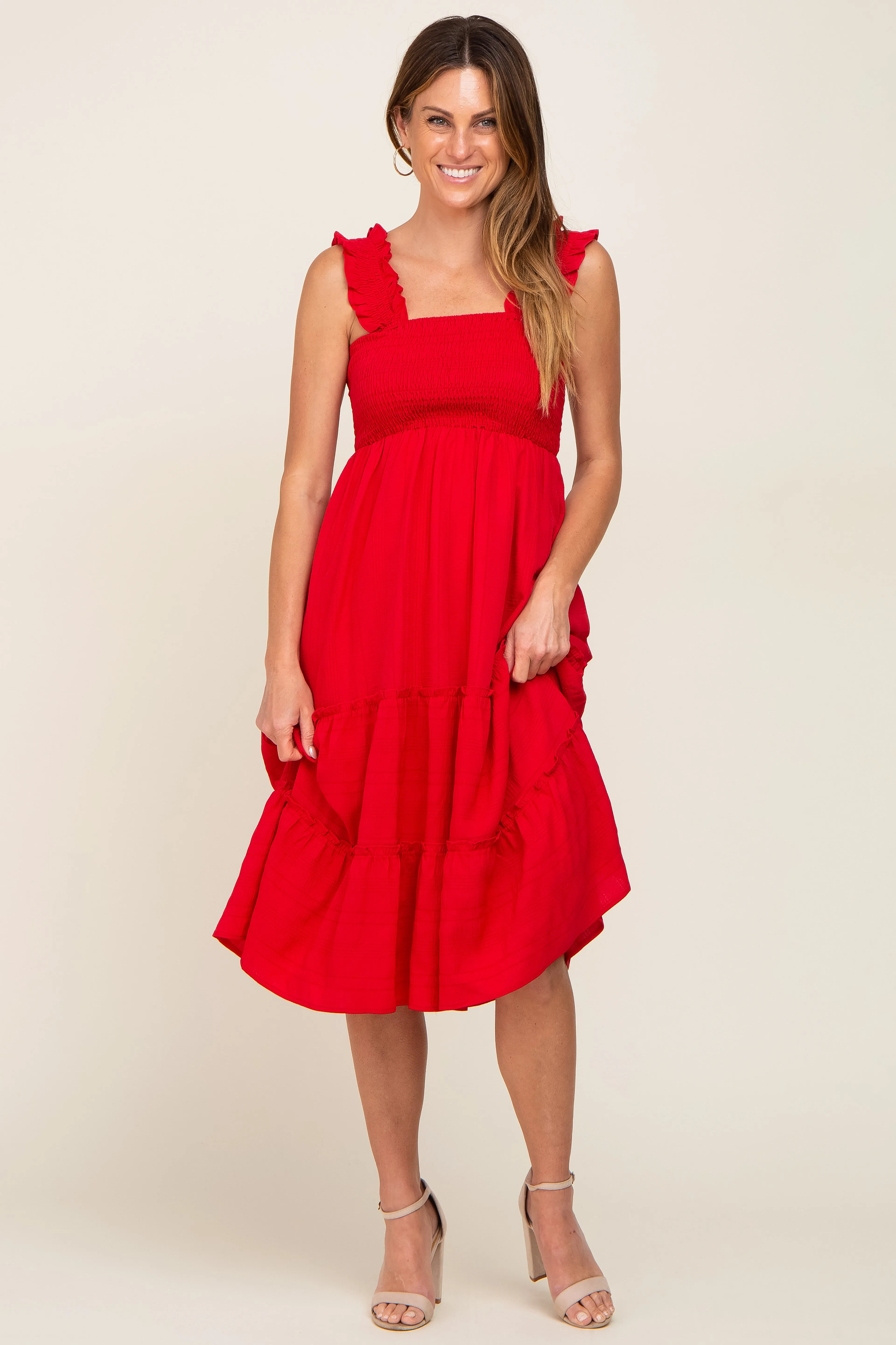 Red Smocked Square Neck Ruffle Strap Tiered Maternity Midi Dress sold by Pinkblush product image thumbnail 5