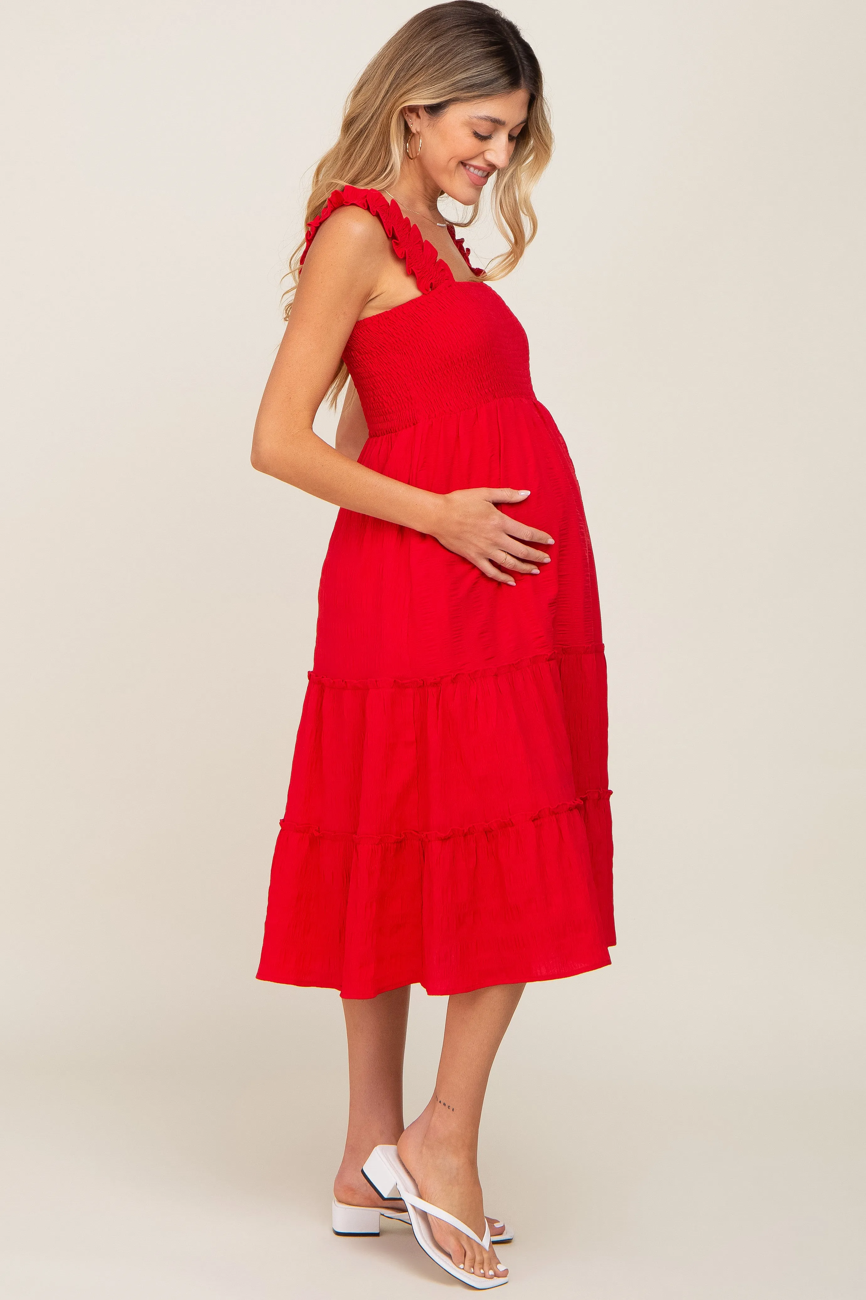 Red Smocked Square Neck Ruffle Strap Tiered Maternity Midi Dress sold by Pinkblush product image thumbnail 2