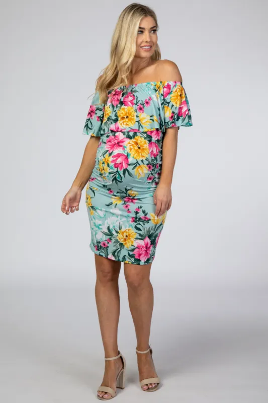 Mint Floral Off Shoulder Fitted Maternity Dress sold by Pinkblush
