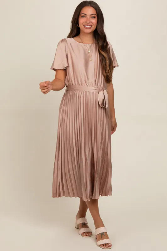 Mocha Satin Pleated Sash Tie Maternity Midi Dress sold by Pinkblush