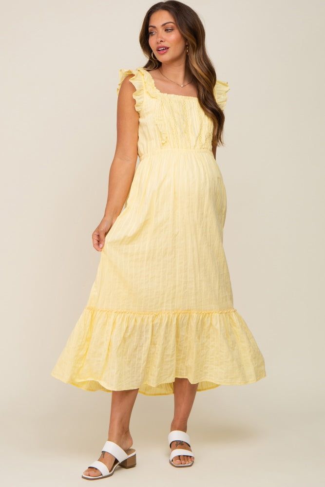 Yellow Lace Pleated Maternity Midi Dress sold by Pinkblush