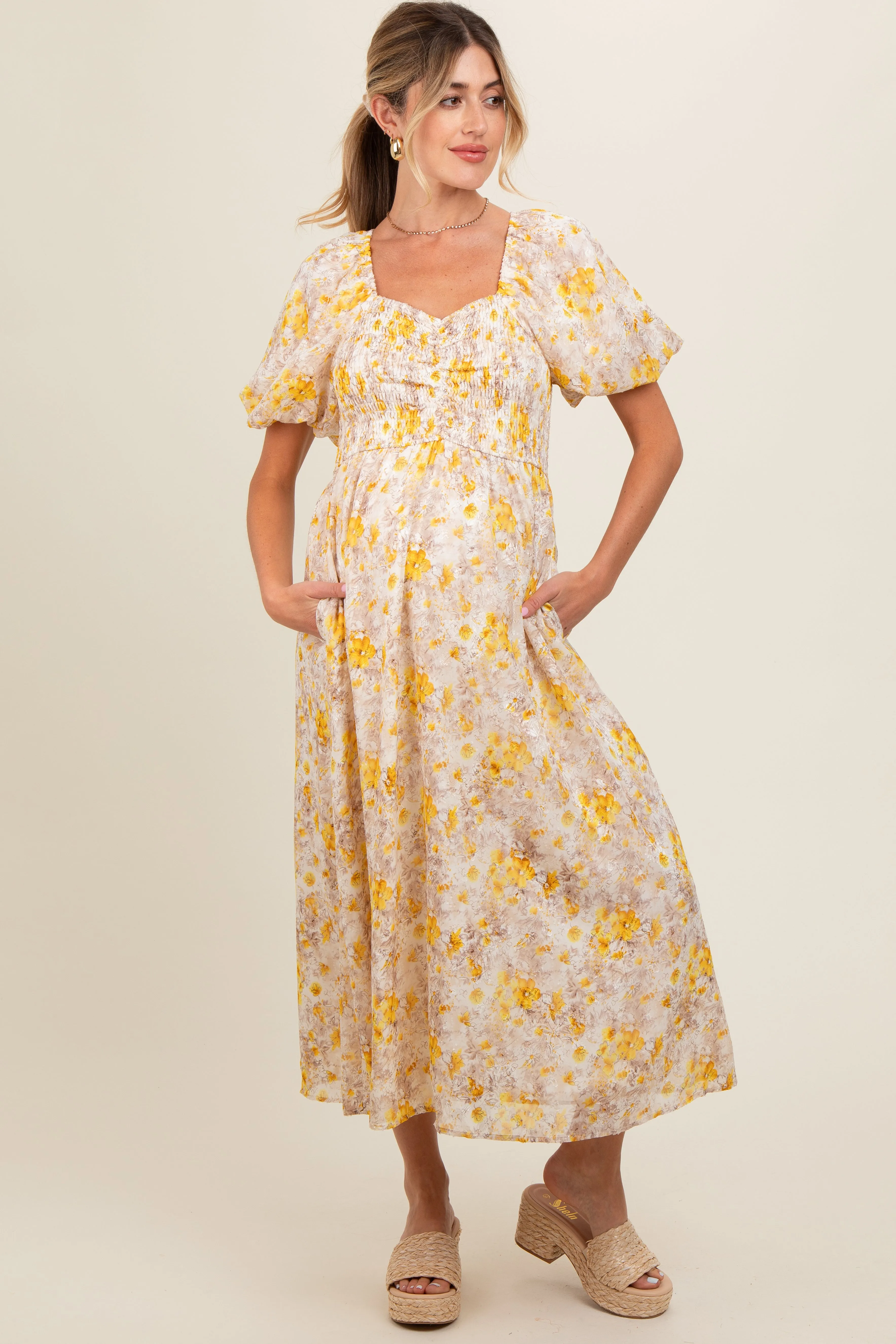 Yellow Floral Smocked Sweetheart Neck Short Puff Sleeve Maternity Midi Dress sold by Pinkblush product image thumbnail 3