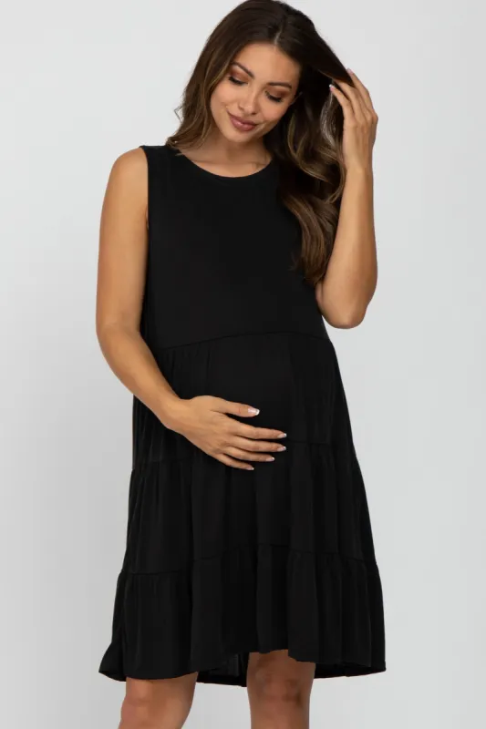Black Tiered Sleeveless Maternity Dress sold by Pinkblush