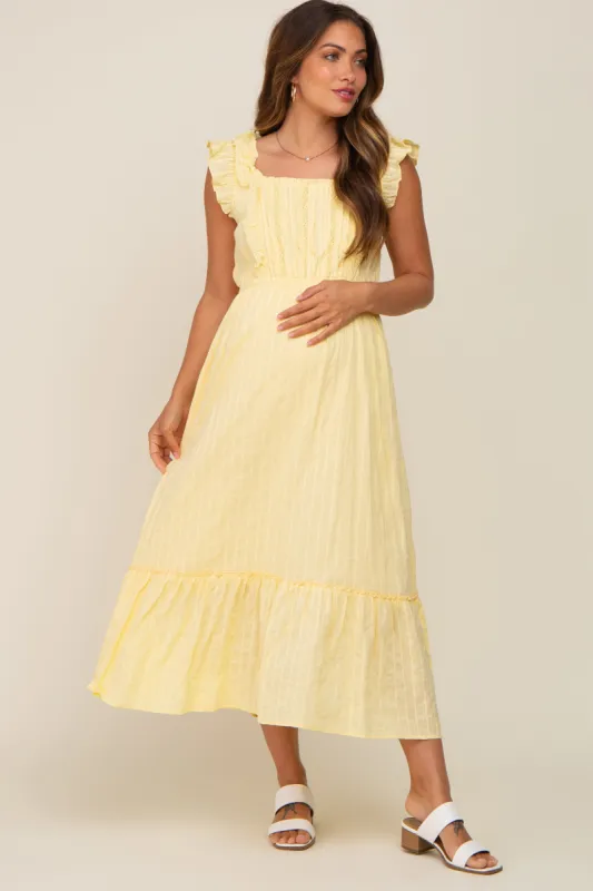 Yellow Lace Pleated Maternity Midi Dress sold by Pinkblush