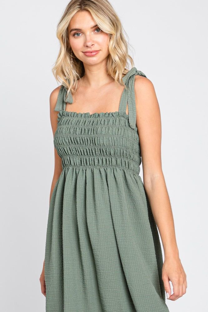 Olive Textured Smocked Shoulder Tie Maxi Dress sold by Pinkblush product image thumbnail 4