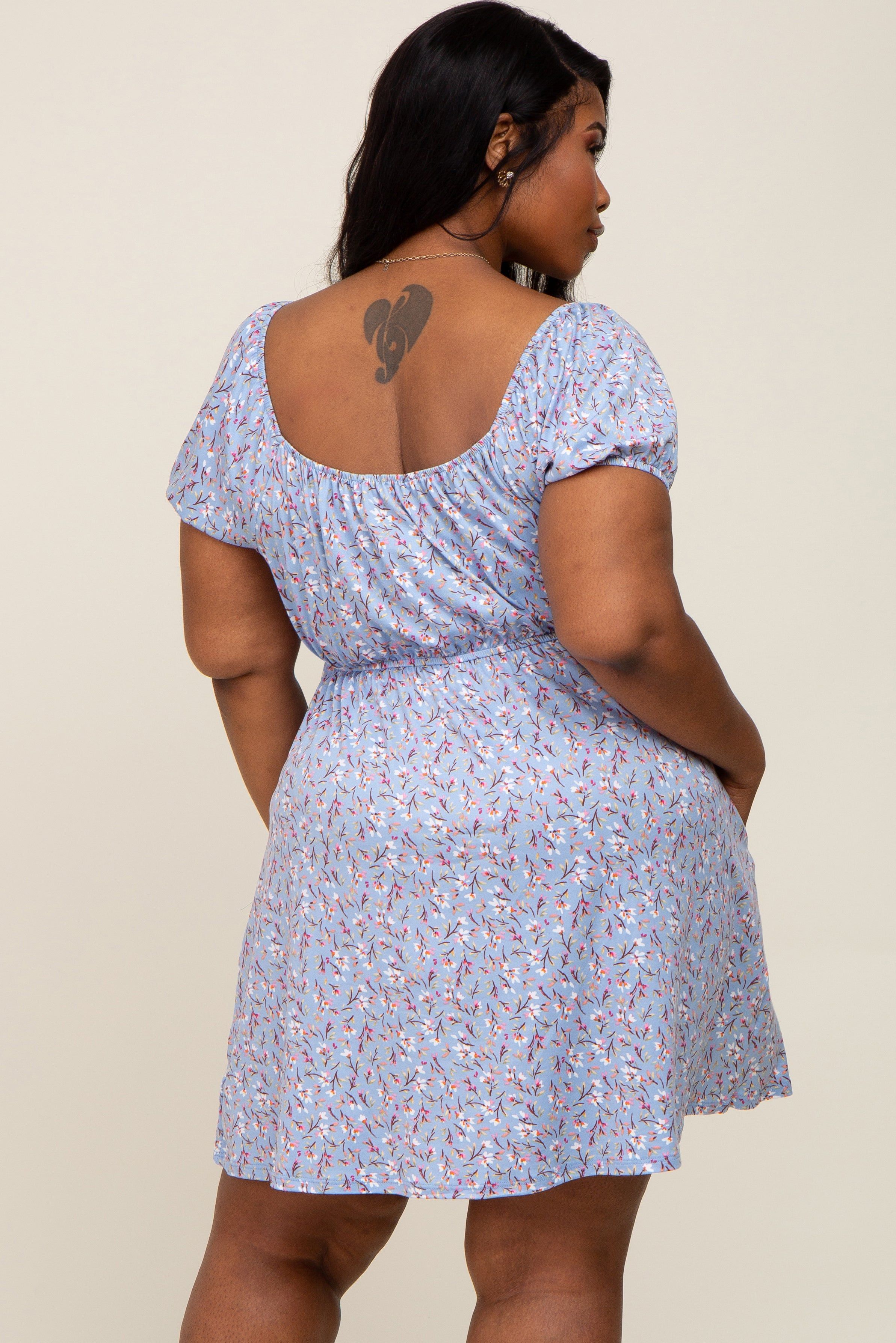 Blue Floral Short Puff Sleeve Dress sold by Pinkblush product image thumbnail 3