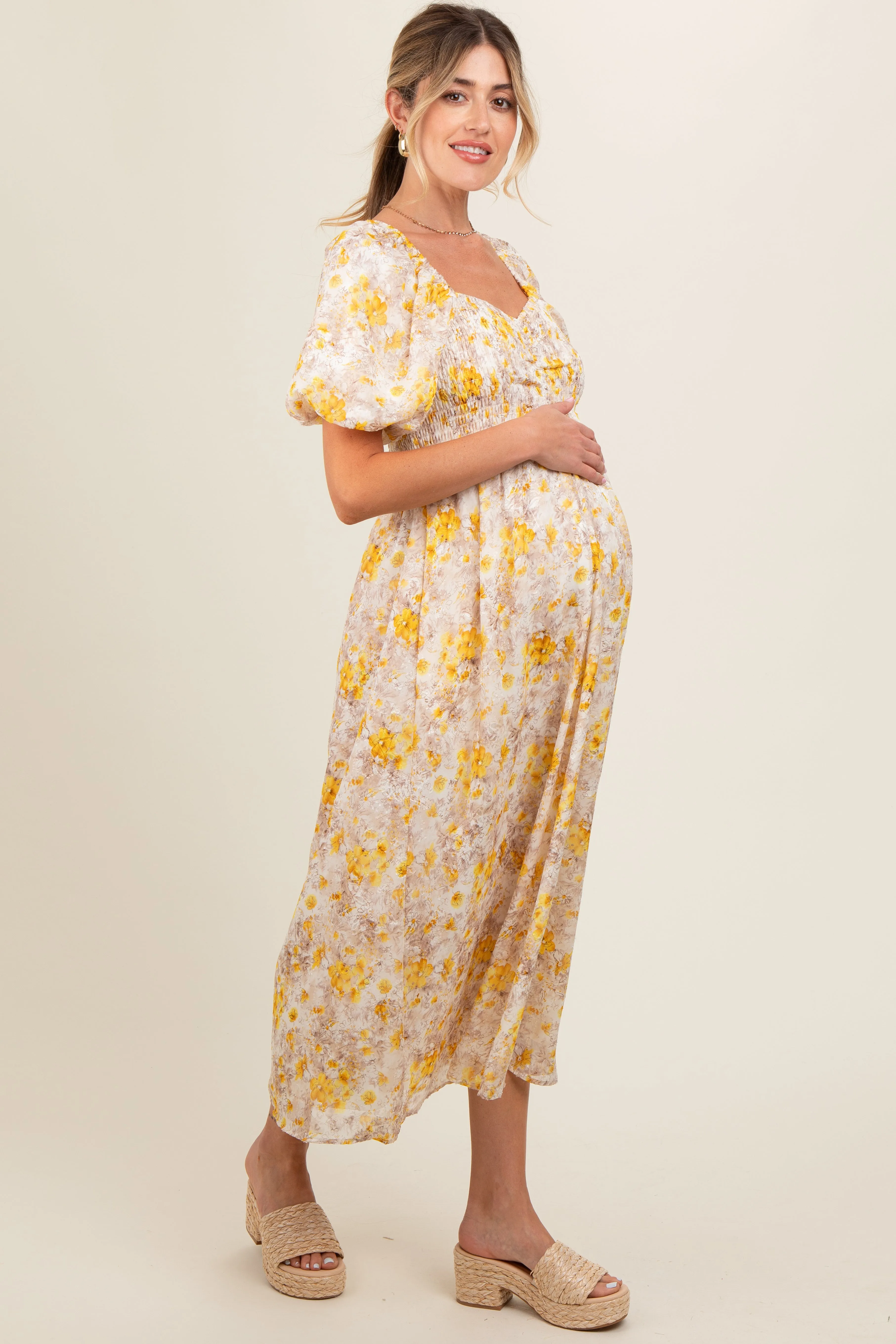 Yellow Floral Smocked Sweetheart Neck Short Puff Sleeve Maternity Midi Dress sold by Pinkblush product image thumbnail 4