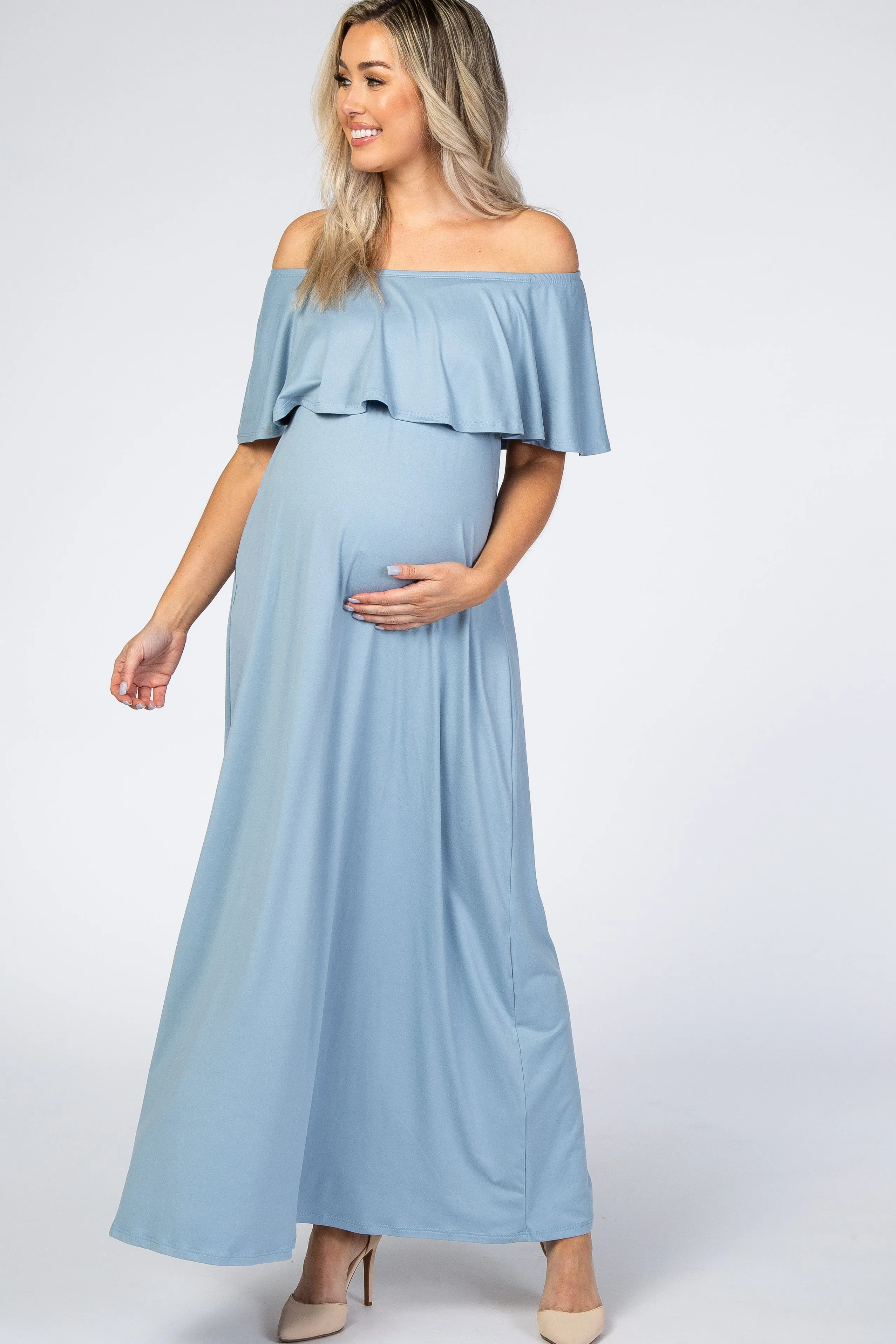 Light Blue Off Shoulder Maxi Maternity Dress sold by Pinkblush