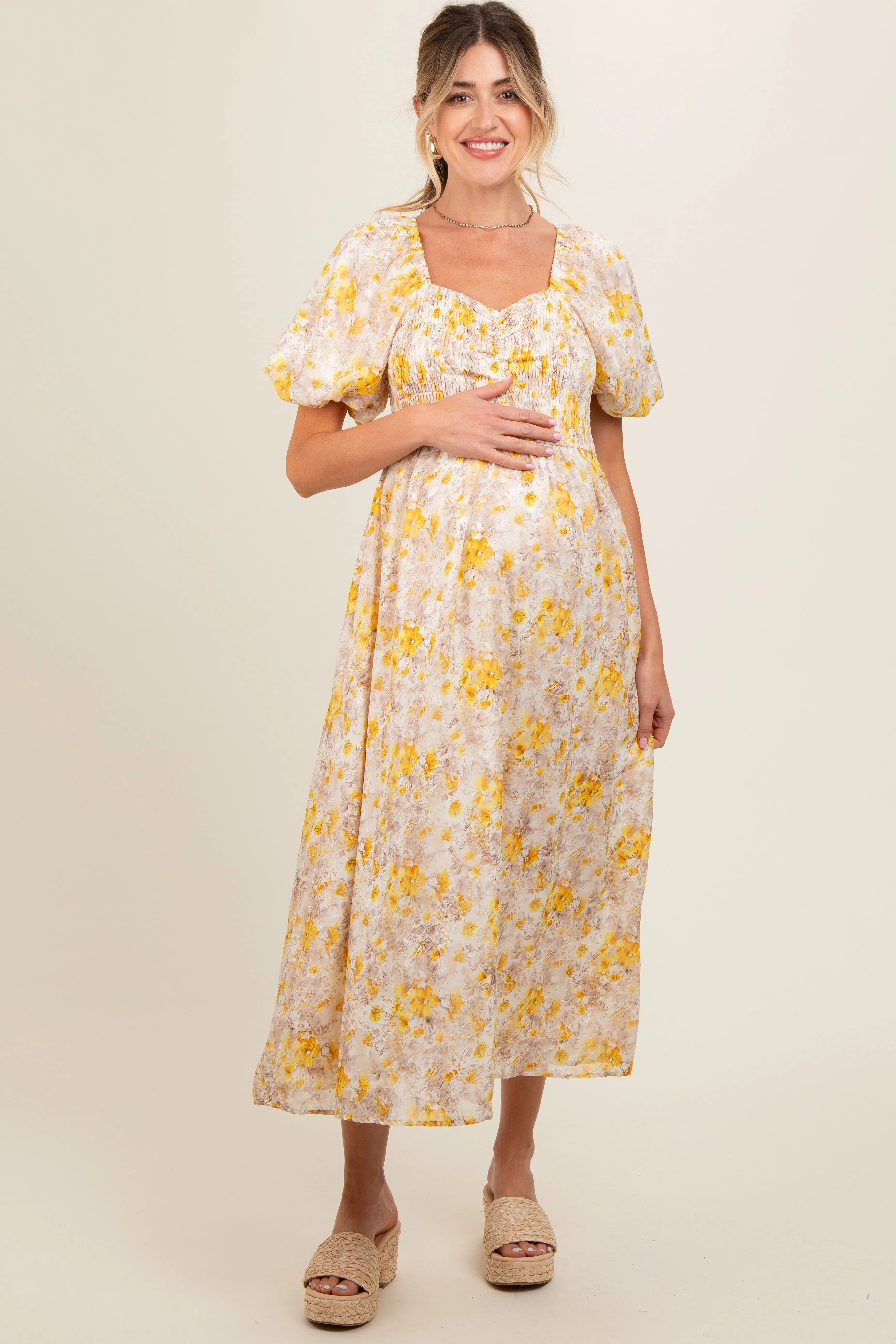 Yellow Floral Smocked Sweetheart Neck Short Puff Sleeve Maternity Midi Dress sold by Pinkblush
