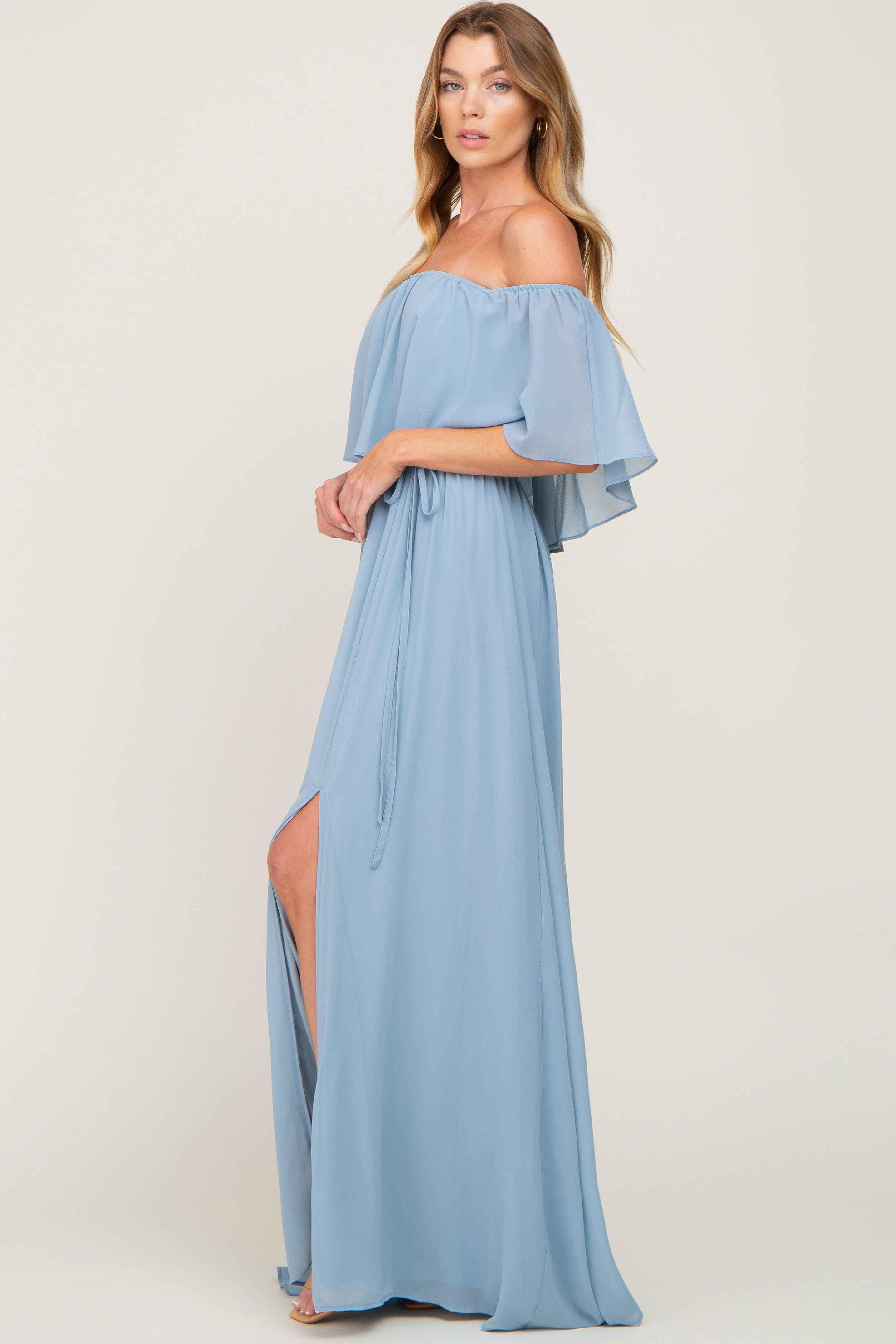 Light Blue Chiffon Off Shoulder Maxi Dress sold by Pinkblush product image thumbnail 2