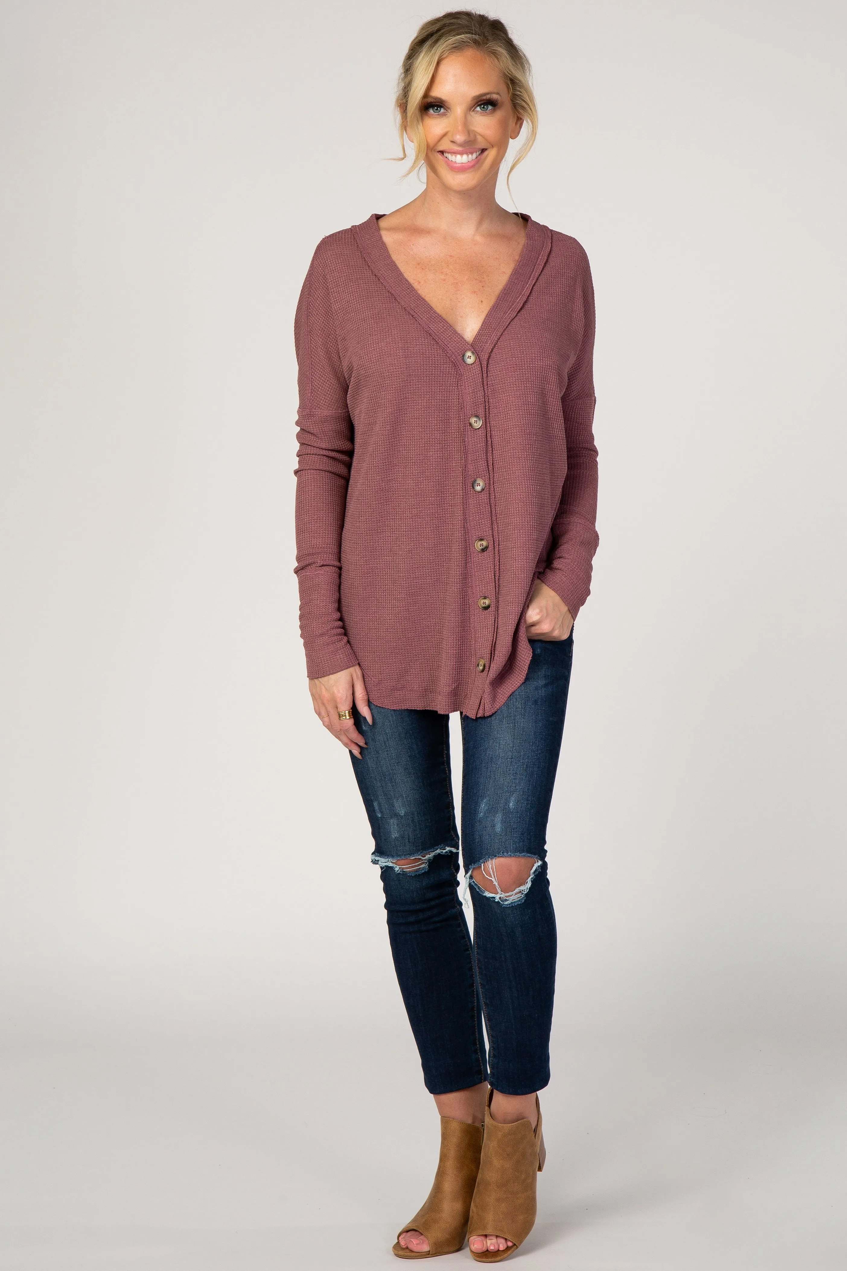 Mauve Waffle Knit Button Front Top sold by Pinkblush product image thumbnail 4