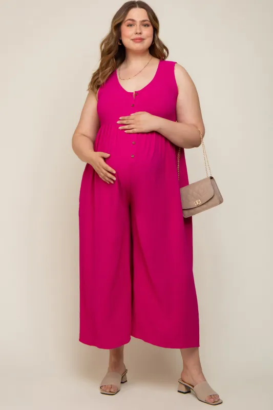 Magenta Button Front WIde Leg Maternity Plus Jumpsuit sold by Pinkblush