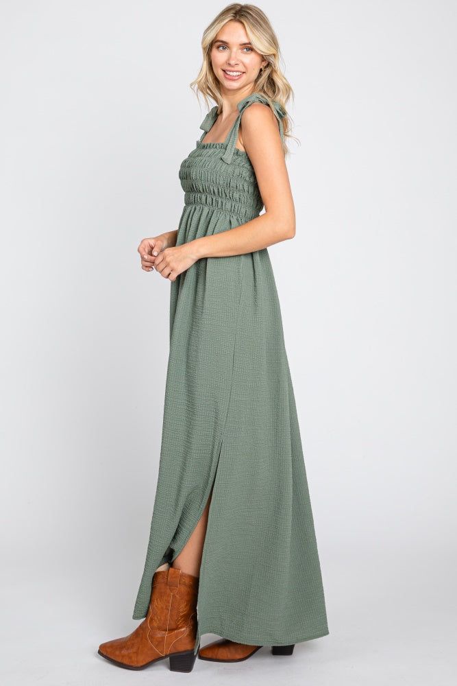 Olive Textured Smocked Shoulder Tie Maxi Dress sold by Pinkblush product image thumbnail 2