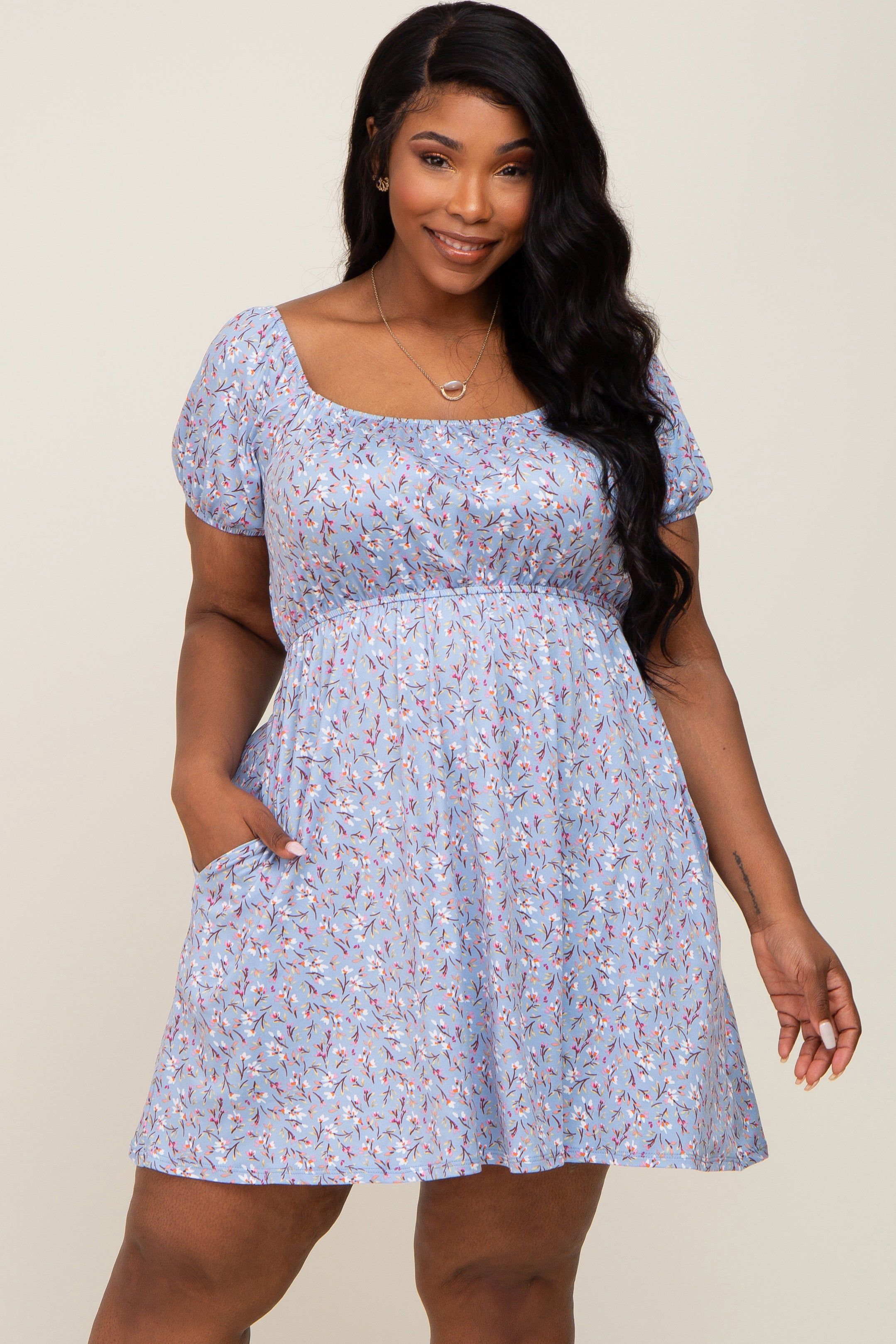 Blue Floral Short Puff Sleeve Dress sold by Pinkblush