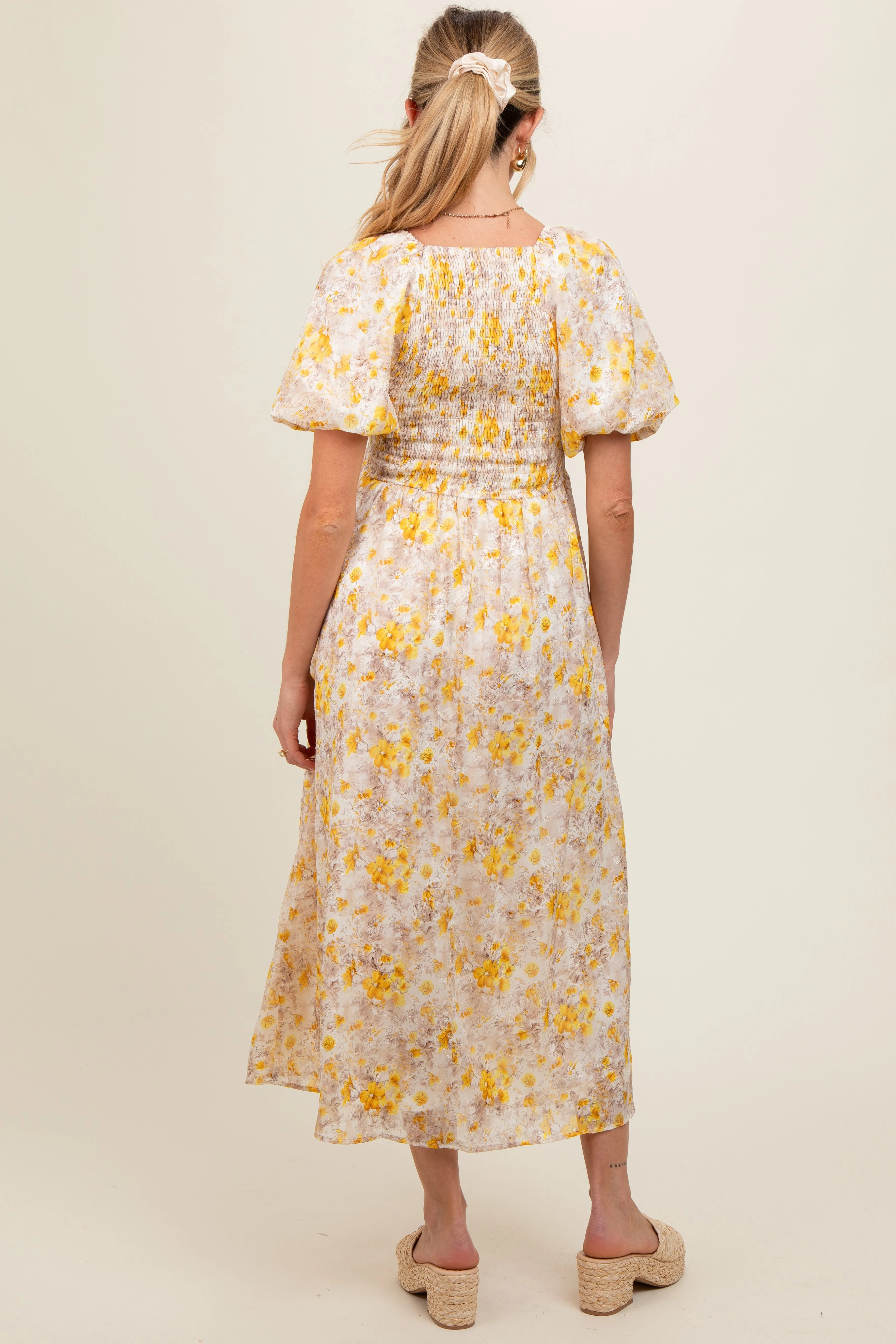 Yellow Floral Smocked Sweetheart Neck Short Puff Sleeve Maternity Midi Dress sold by Pinkblush product image thumbnail 5