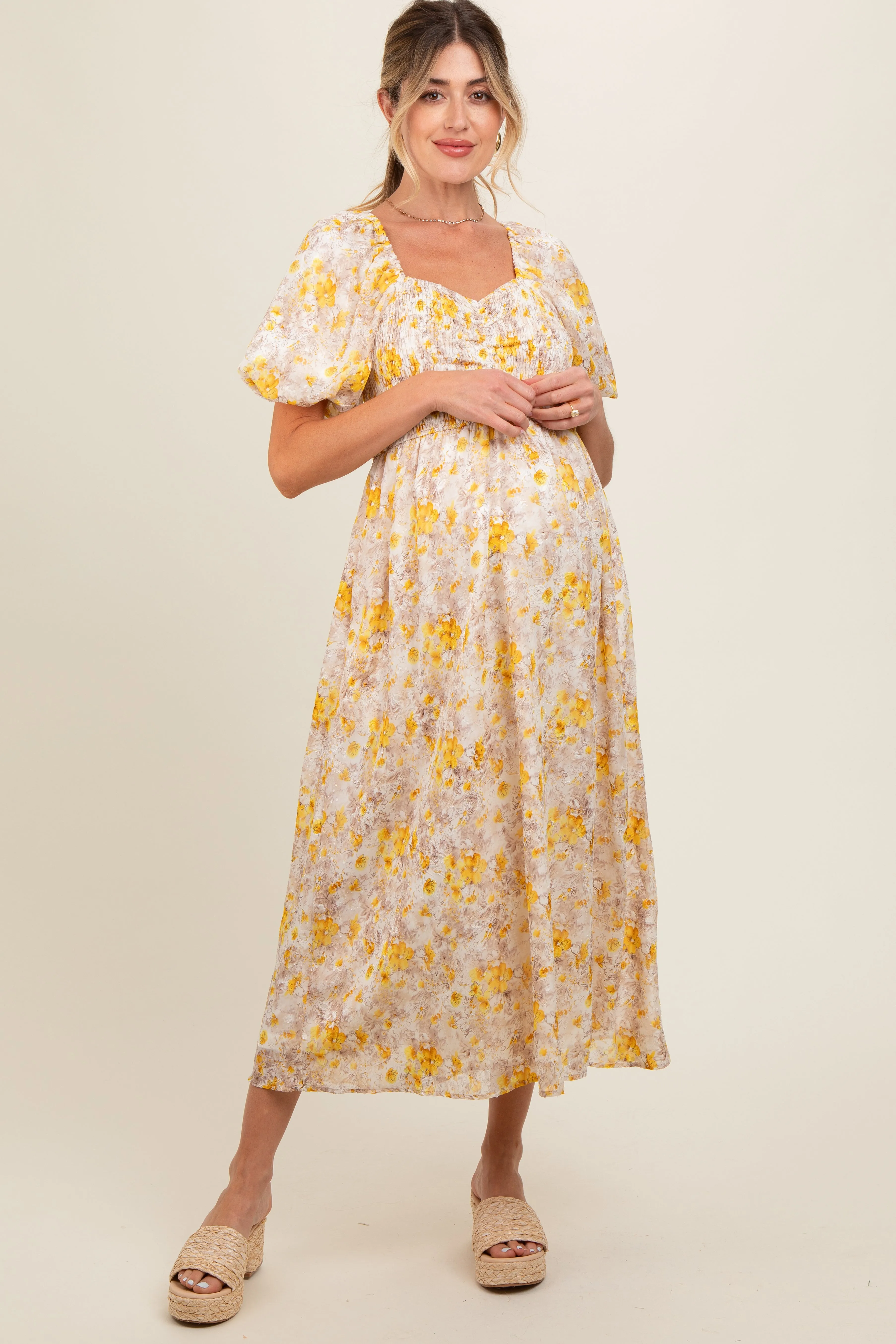 Yellow Floral Smocked Sweetheart Neck Short Puff Sleeve Maternity Midi Dress sold by Pinkblush product image thumbnail 2