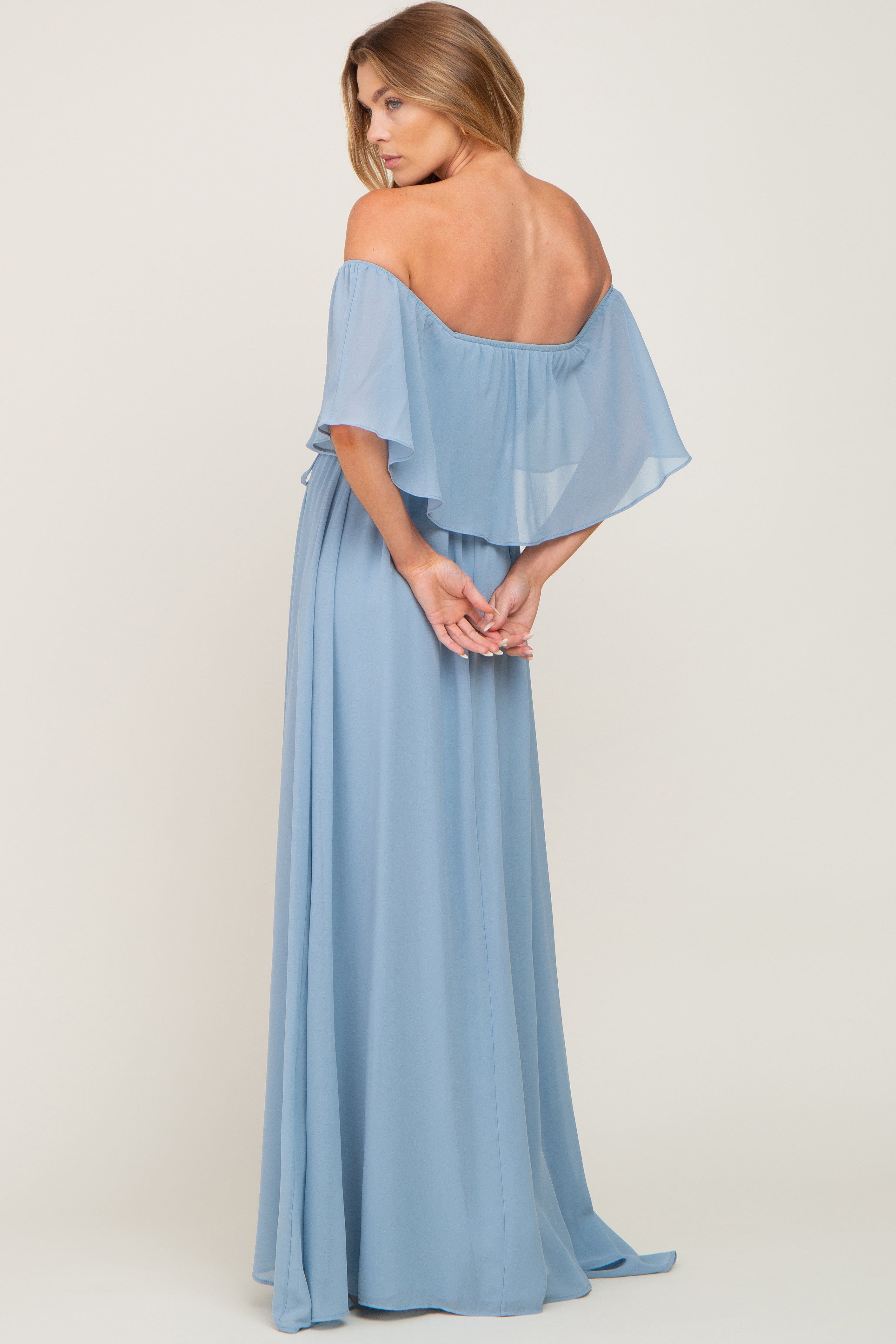 Light Blue Chiffon Off Shoulder Maxi Dress sold by Pinkblush product image thumbnail 3
