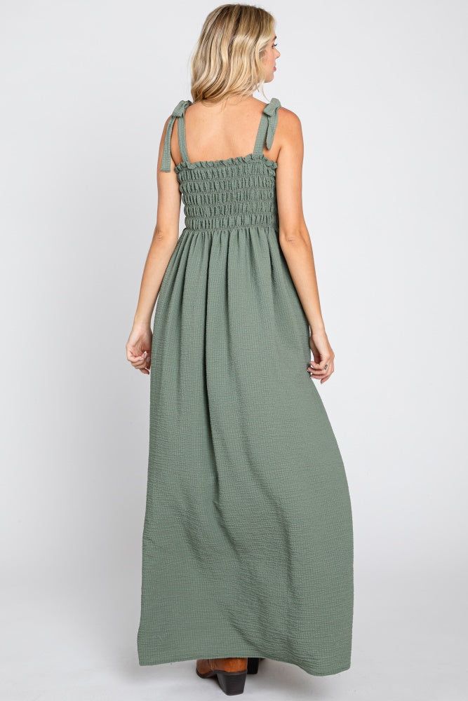 Olive Textured Smocked Shoulder Tie Maxi Dress sold by Pinkblush product image thumbnail 3