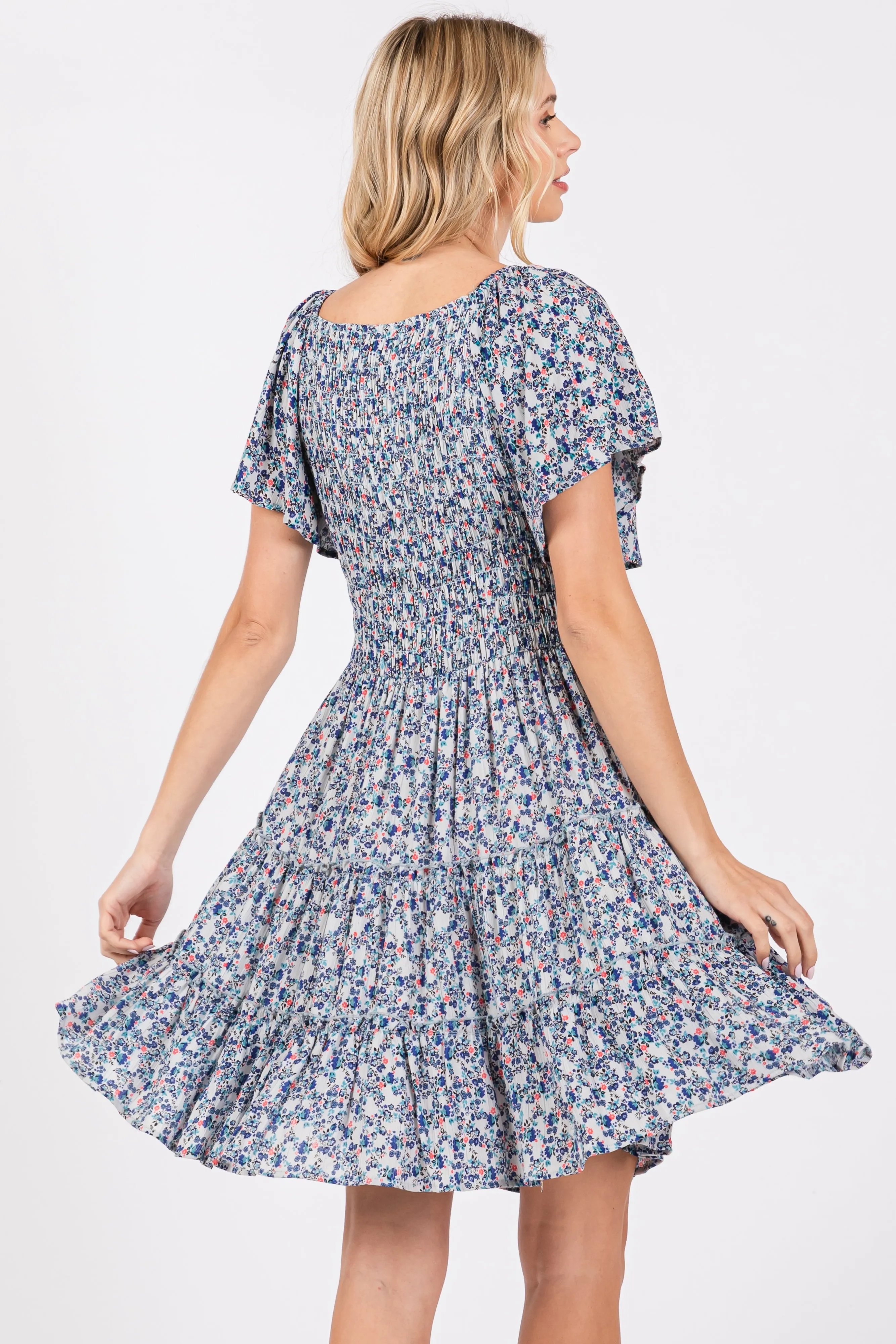 Blue Floral Smocked V-Neck Tiered Dress sold by Pinkblush product image thumbnail 3