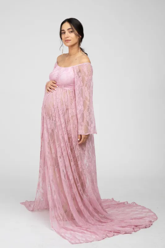 Pink Lace Off Shoulder Maternity Photoshoot Gown/Dress made by Vanilla Bay