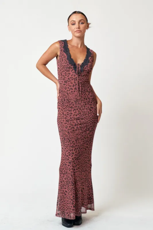 Brown Animal Print Mesh Overlay Maxi Dress sold by Pinkblush