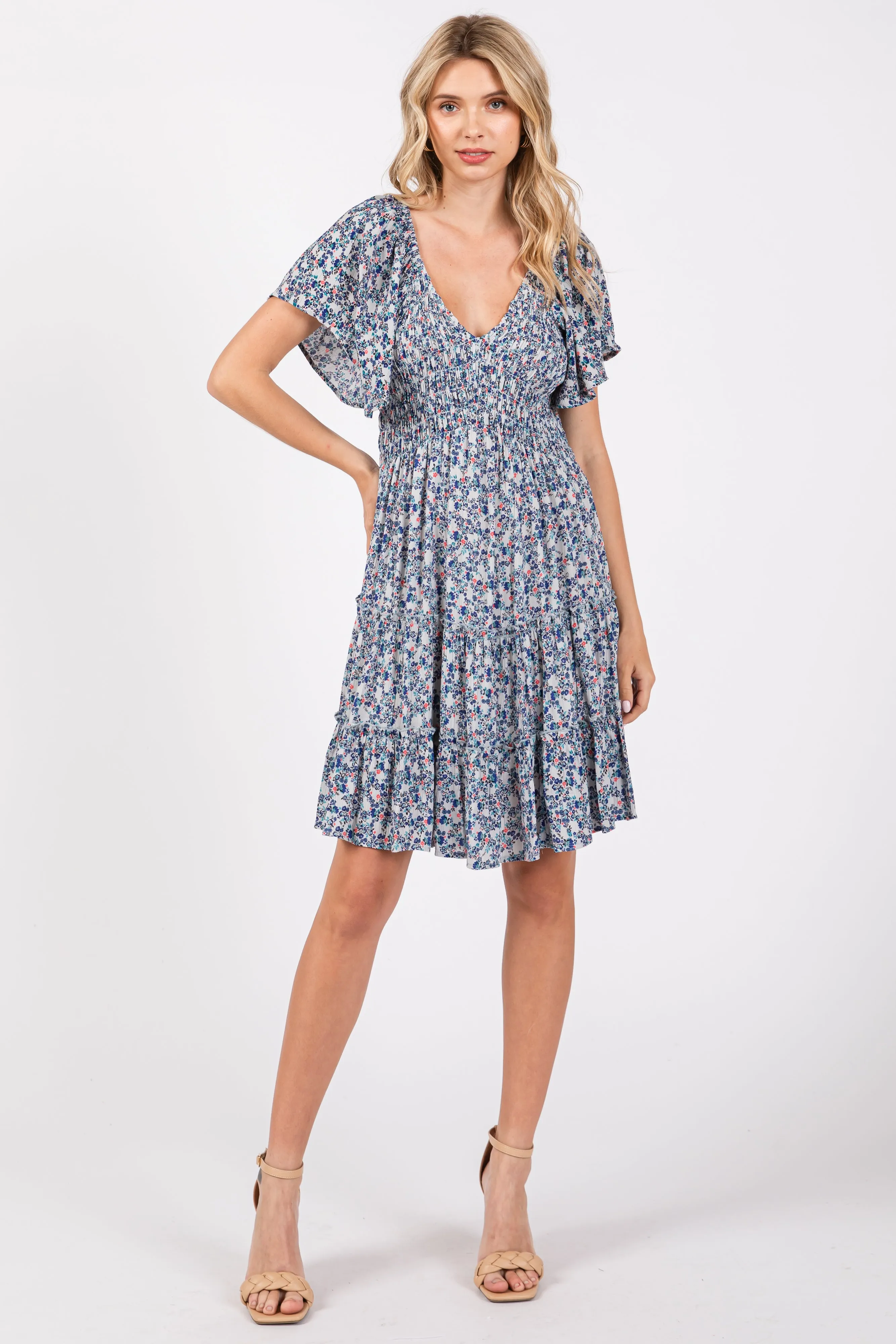 Blue Floral Smocked V-Neck Tiered Dress sold by Pinkblush product image thumbnail 4