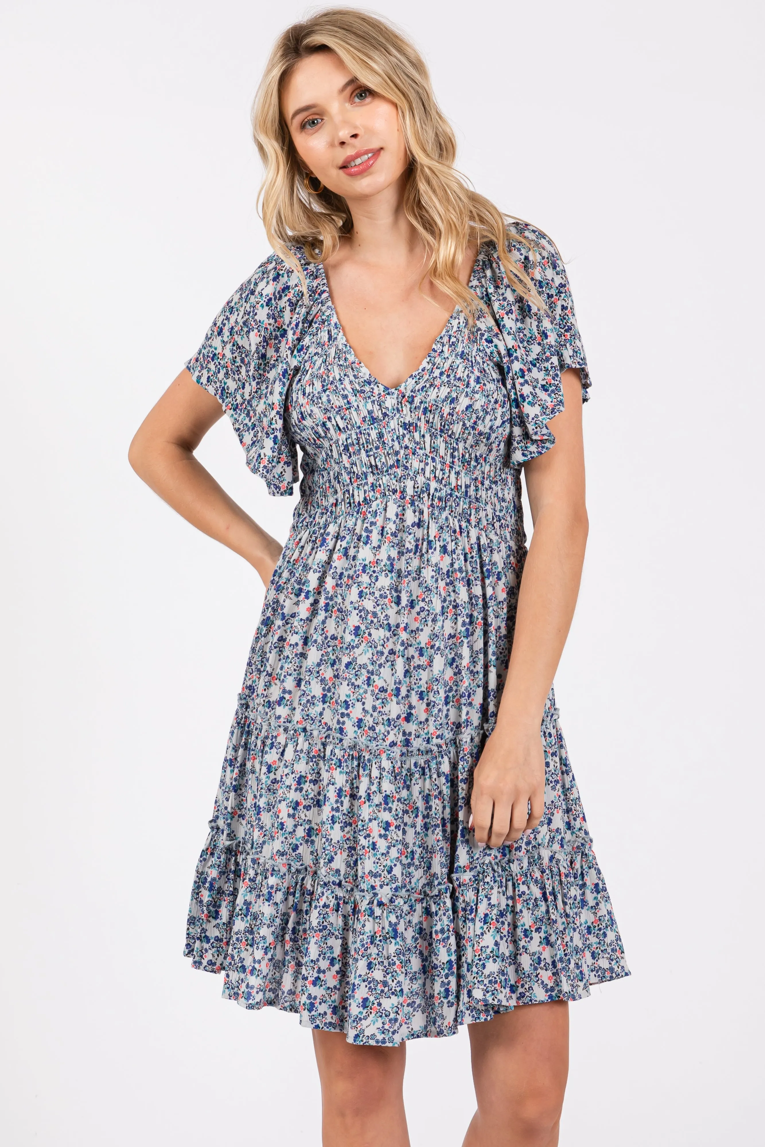 Blue Floral Smocked V-Neck Tiered Dress sold by Pinkblush