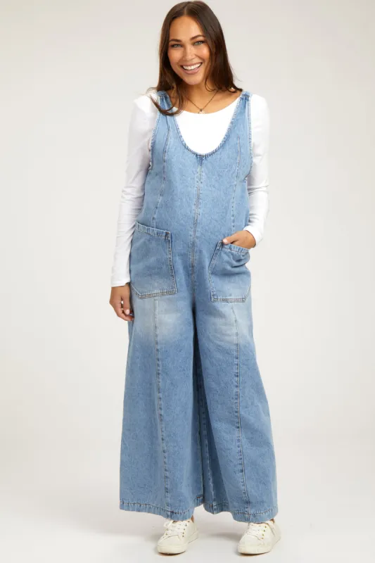 Blue Round Neck Wide Leg Maternity Overalls sold by Pinkblush