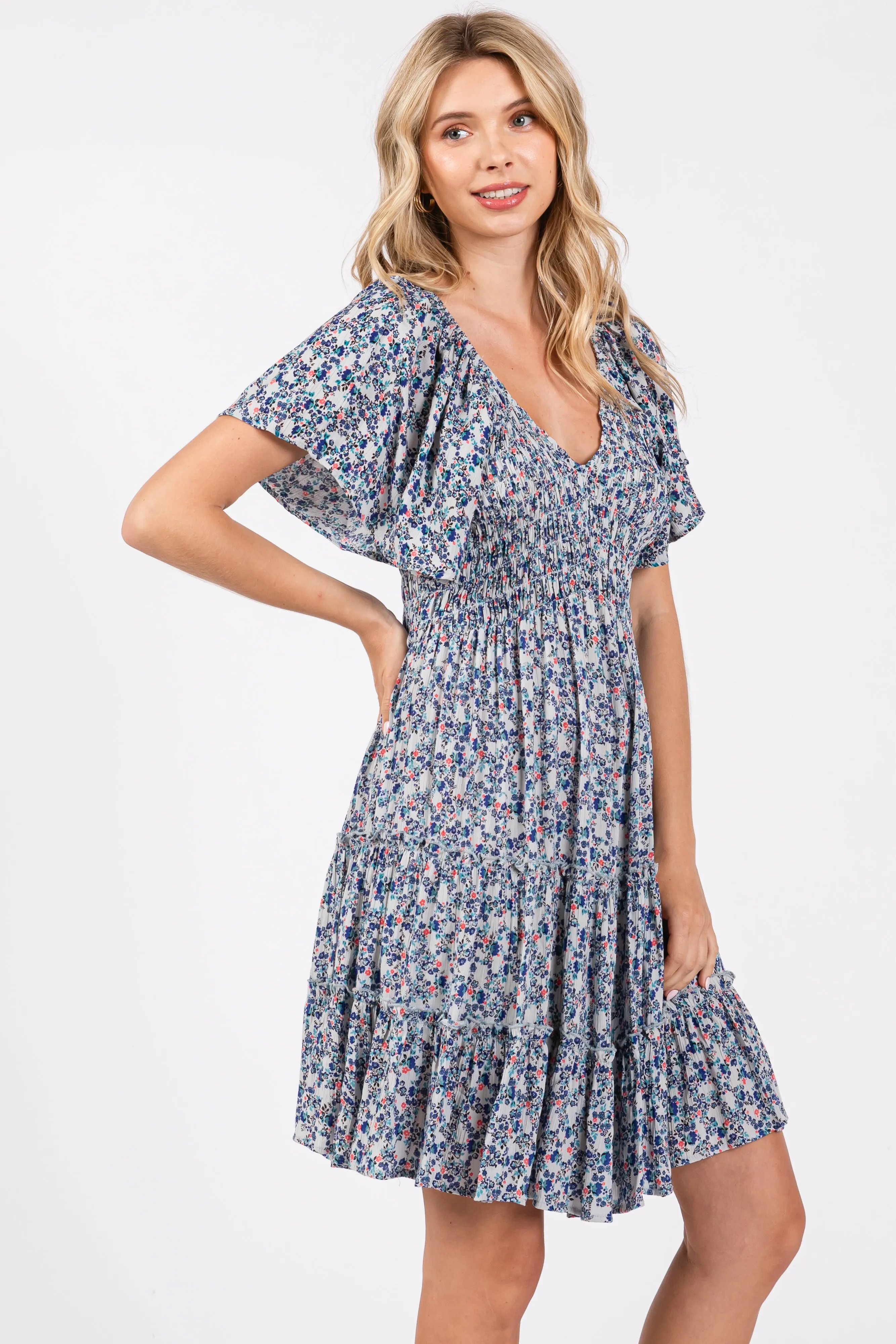 Blue Floral Smocked V-Neck Tiered Dress sold by Pinkblush product image thumbnail 2