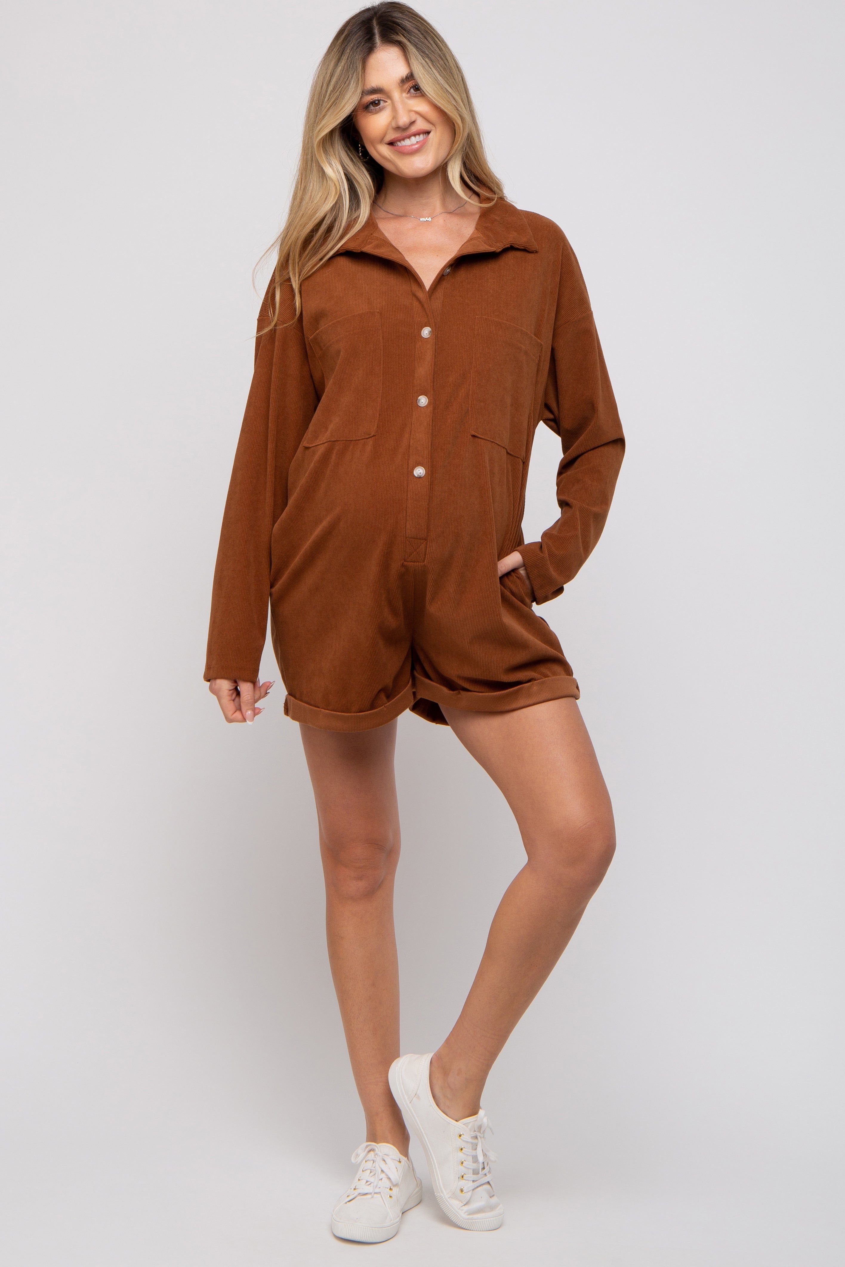 Camel Corduroy Button Up Front Pocket Maternity Romper sold by Pinkblush