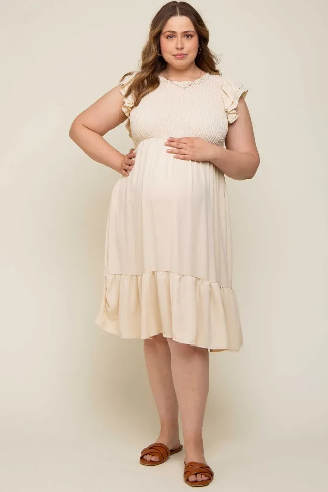 Beige Smocked Layered Ruffle Flutter Sleeve Maternity Plus Midi Dress sold by Pinkblush product image thumbnail 5