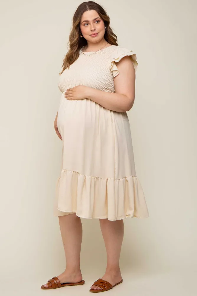 Beige Smocked Layered Ruffle Flutter Sleeve Maternity Plus Midi Dress sold by Pinkblush product image thumbnail 2