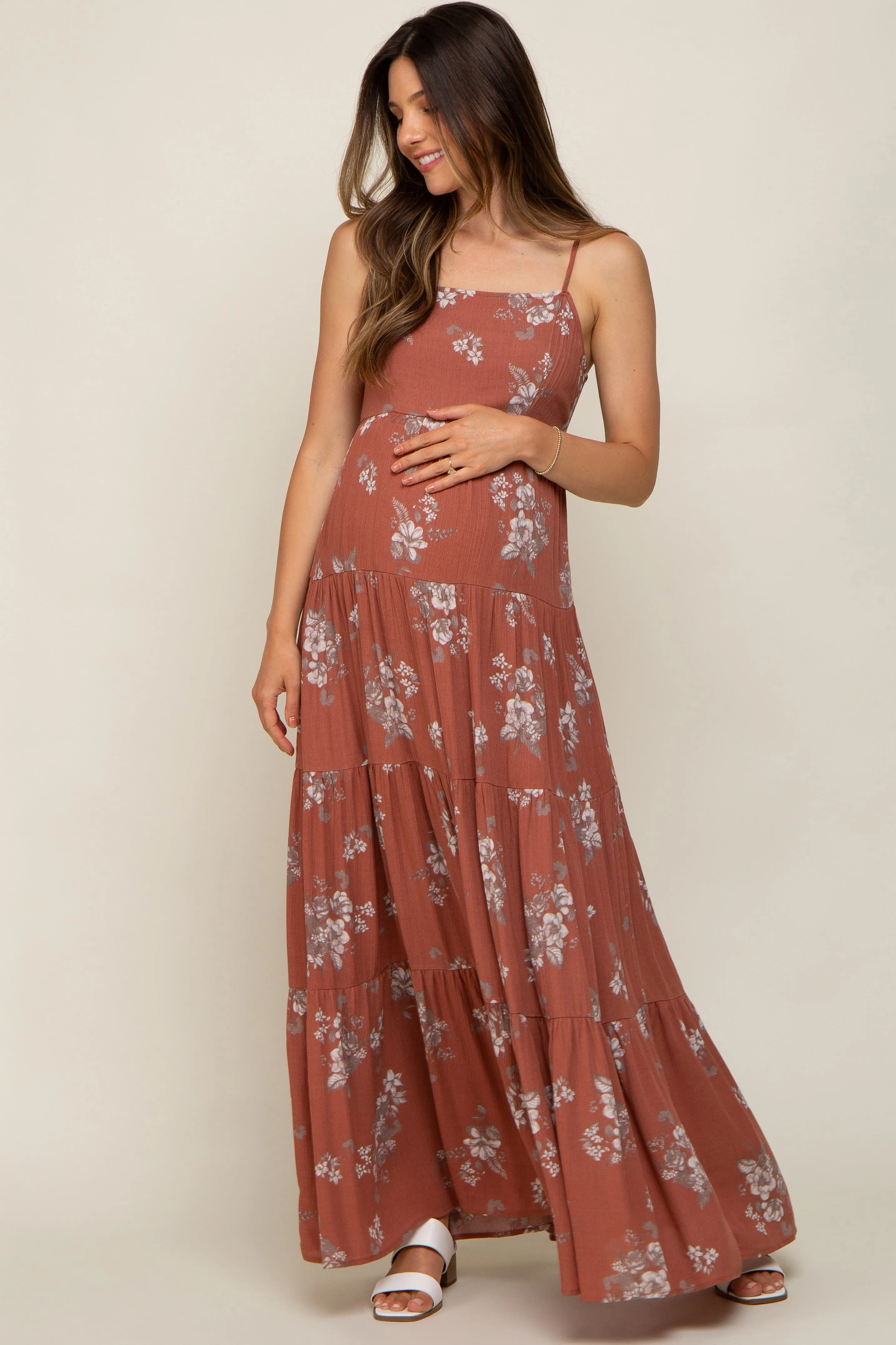 Rust Floral Square Neck Tierde Maternity Maxi Dress sold by Pinkblush