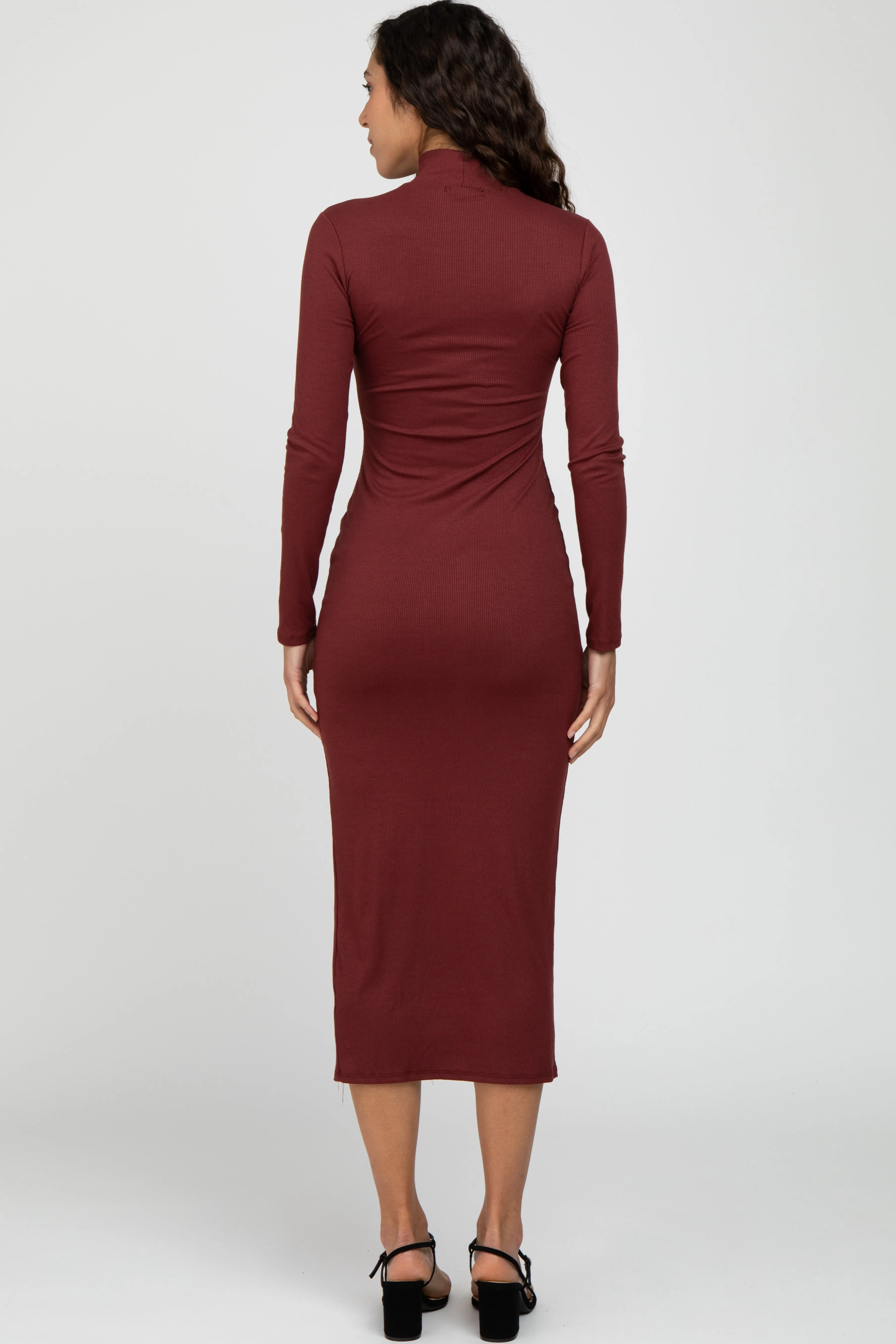 Burgundy Ribbed Mock Neck Side Slit Maxi Dress sold by Pinkblush product image thumbnail 3