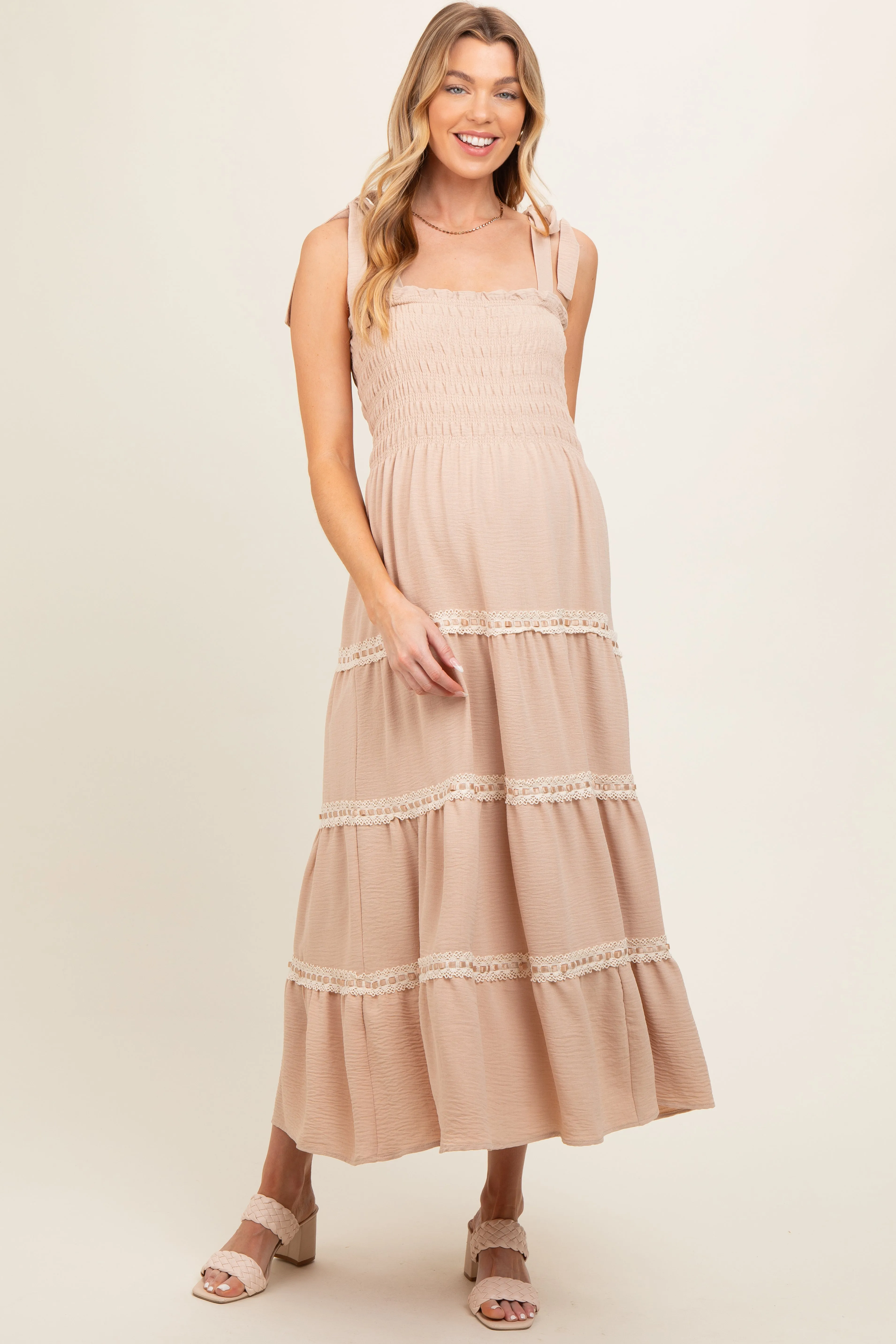 Taupe Smocked Maternity Maxi Dress sold by Pinkblush