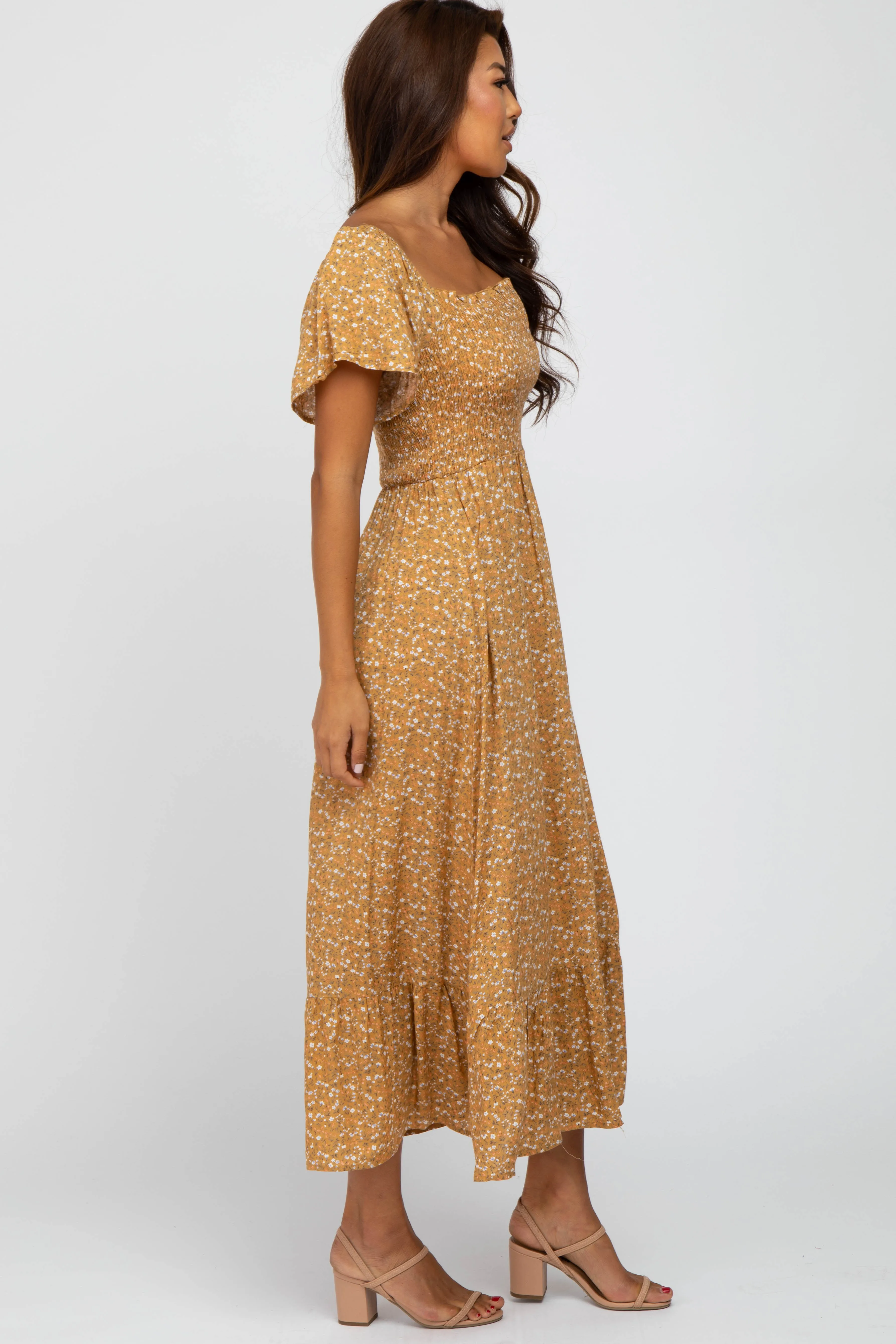 Mustard Floral Smocked Maxi Dress sold by Pinkblush product image thumbnail 3